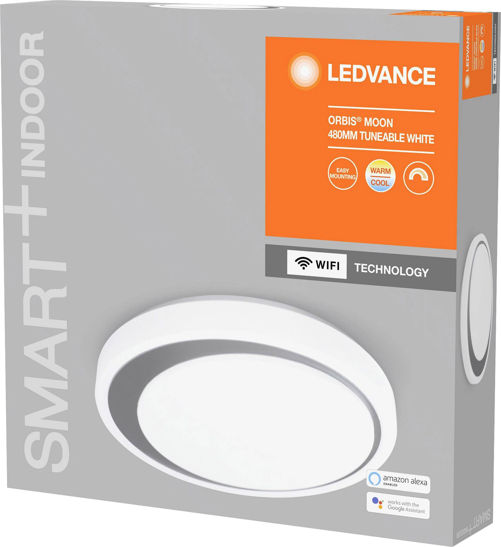 Eine Verpackung einer LEDVANCE Smart+ Indoor Deckenleuchte 'Orbis Moon 480mm', kompatibel mit Amazon Alexa, einstellbar von warm bis kaltweiß.