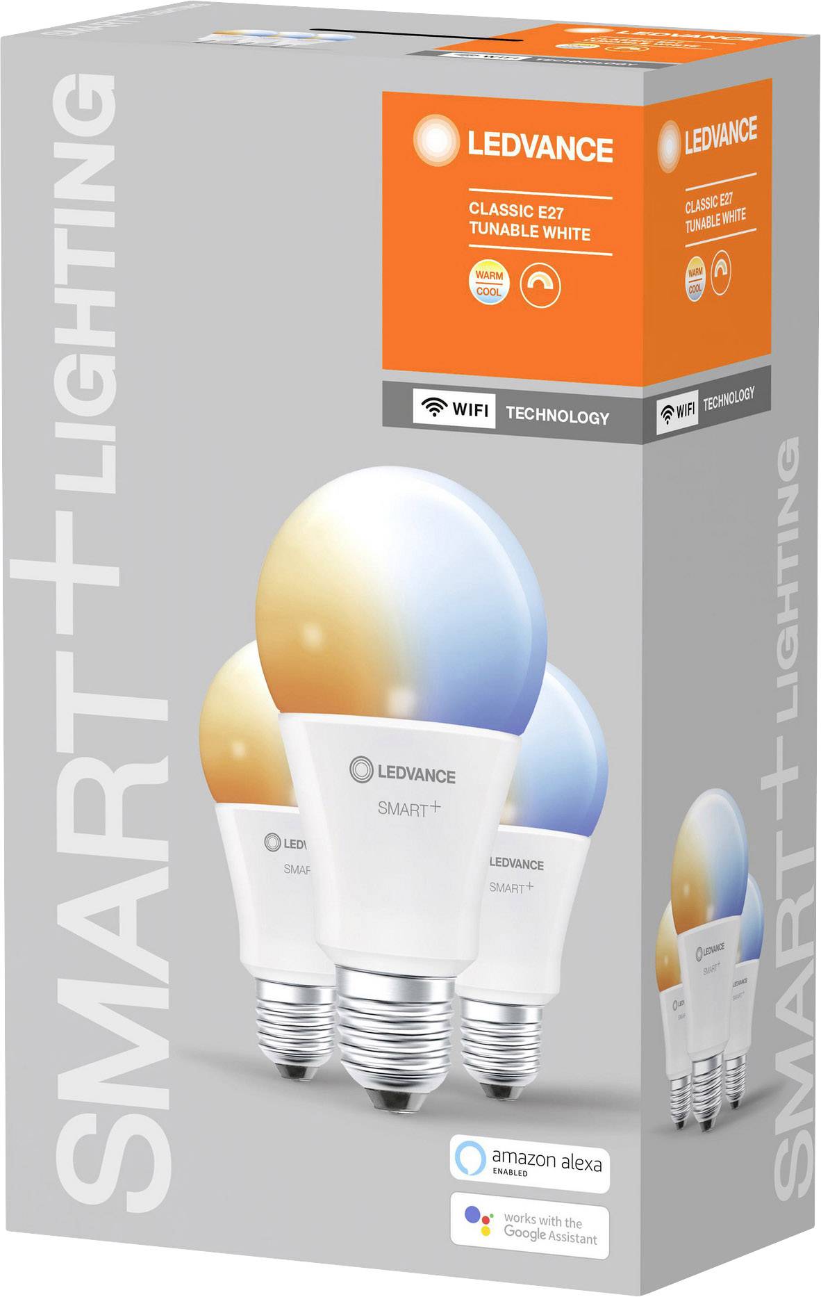 LEDVANCE LED-Glühbirnenverpackung mit der Aufschrift 'SMART+ LIGHTING', 'WIFI Technology' und 'Tunable White E27'. Enthält drei Birnen.