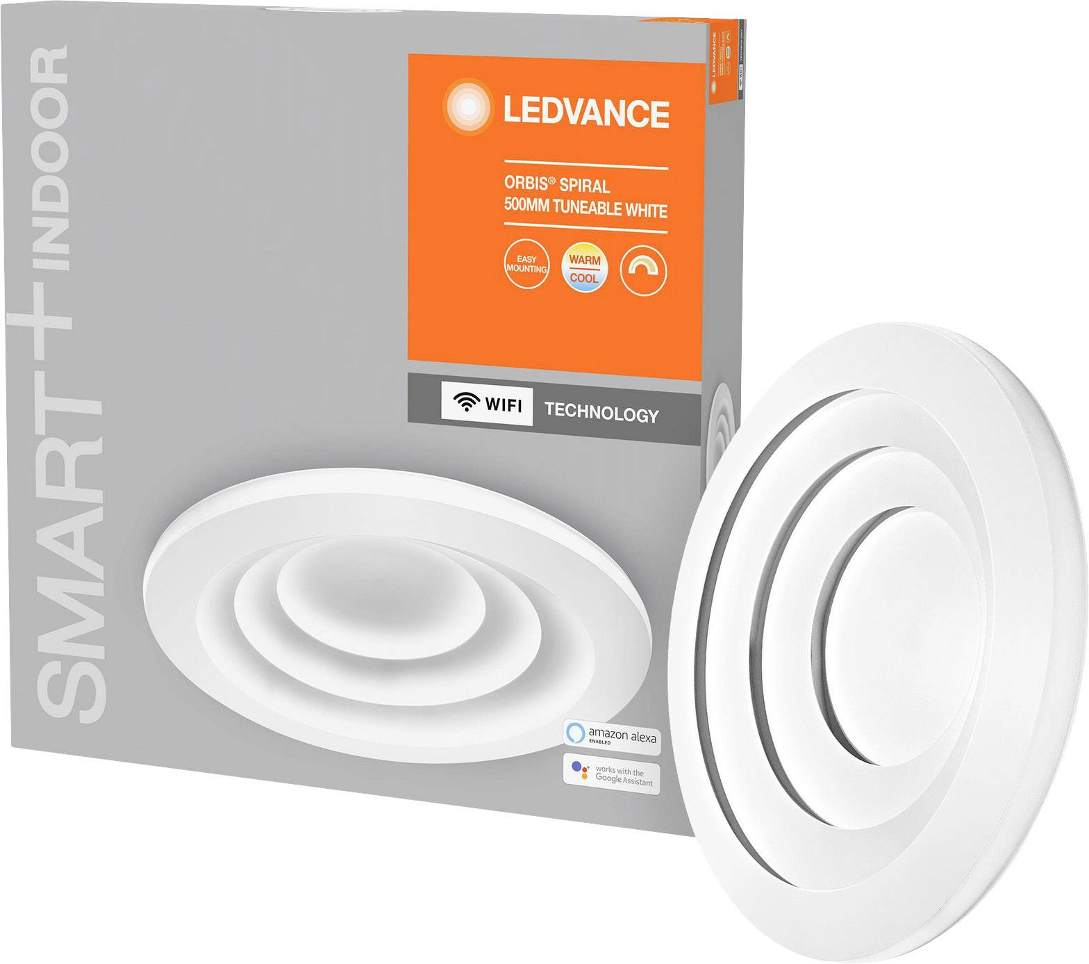 LED-Leuchte in Spiralform mit dem Namen 'Orbis Spiral 500mm Tunable White'. Kompatibel mit Amazon Alexa, Steuerung über WLAN möglich.