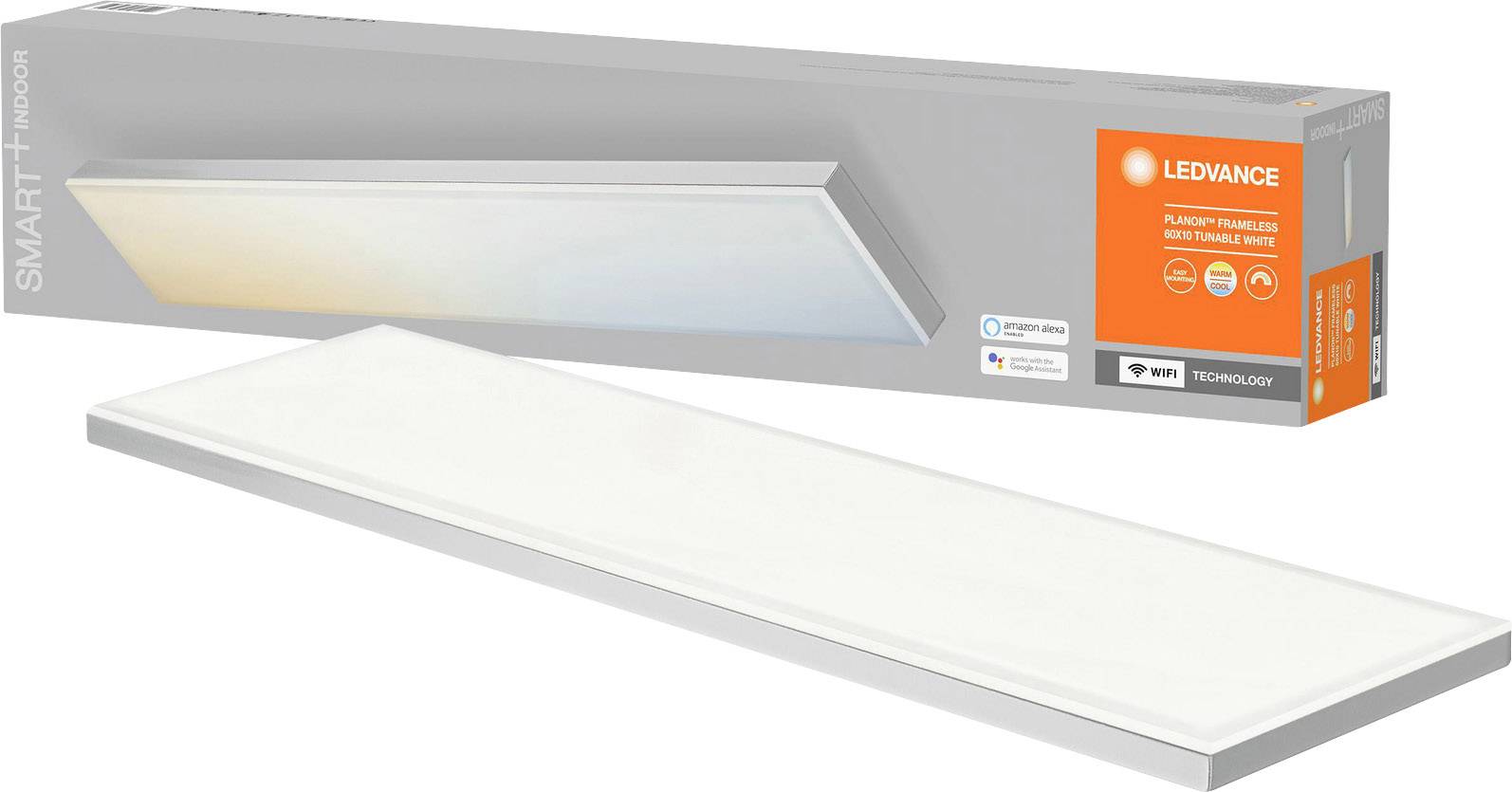 Eine LED-Deckenleuchte von Ledvance, rechteckig, mit smarter Technologie, in ihrer Verpackung dargestellt.