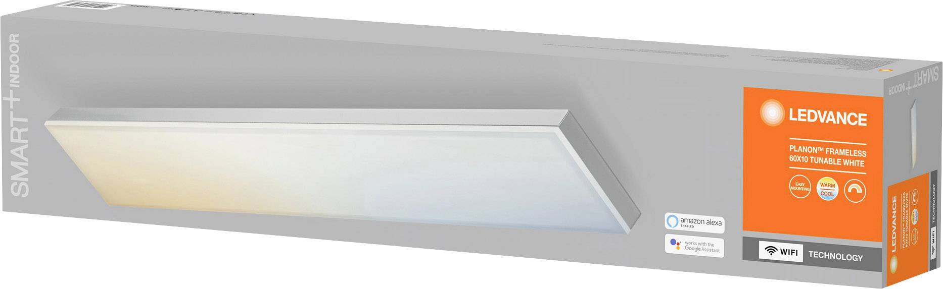 Verpackung einer LED-Lampe von Ledvance, Modell 'Smart+ Indoor', mit WiFi-Technologie. Rechteckige Form, neutralweiß dargestellt.