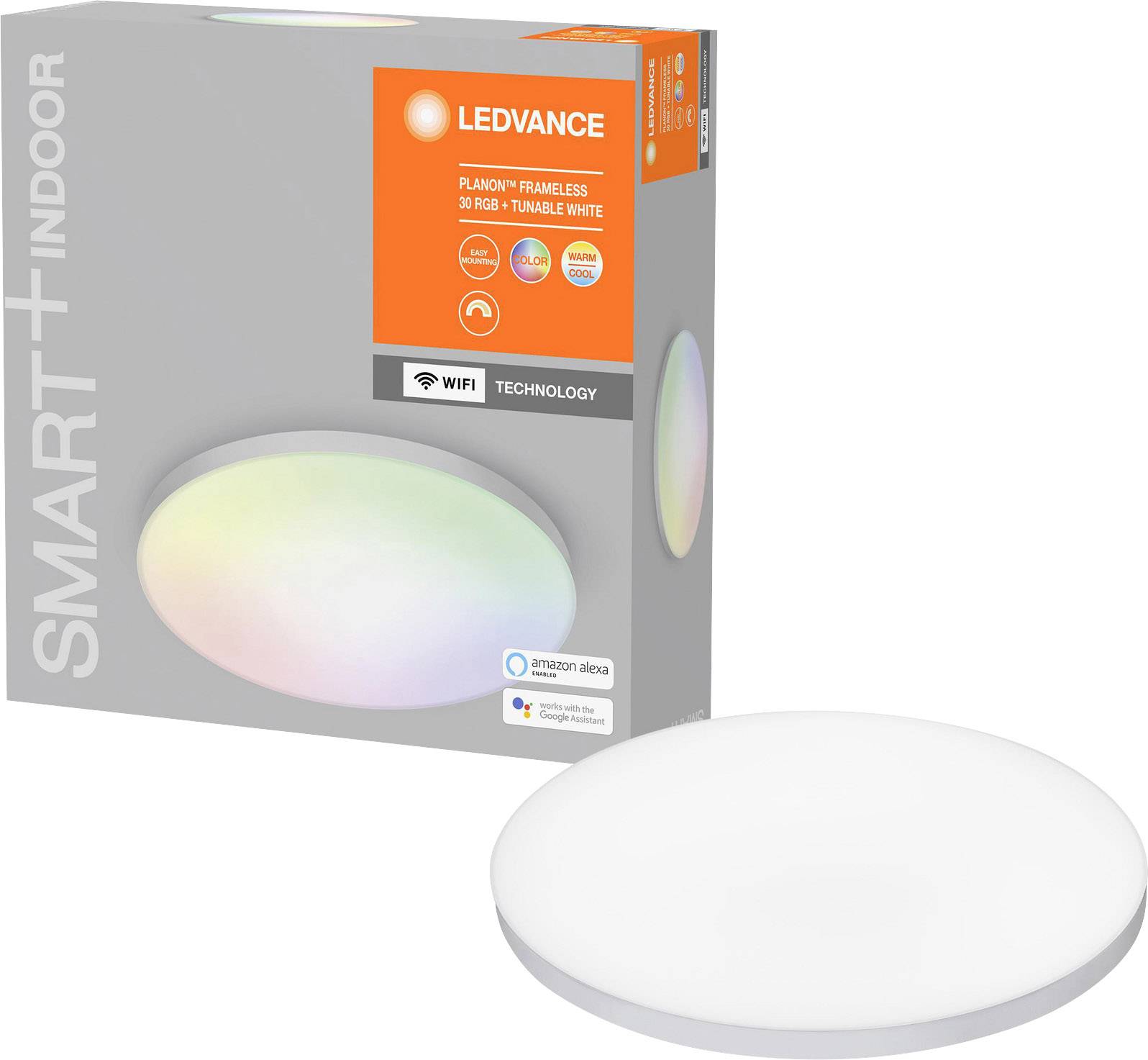 LED-Deckenleuchte und Verpackung von LEDVANCE. Bietet WiFi-Steuerung und verschiedene Farbtemperaturen. Kompatibel mit Amazon Alexa.