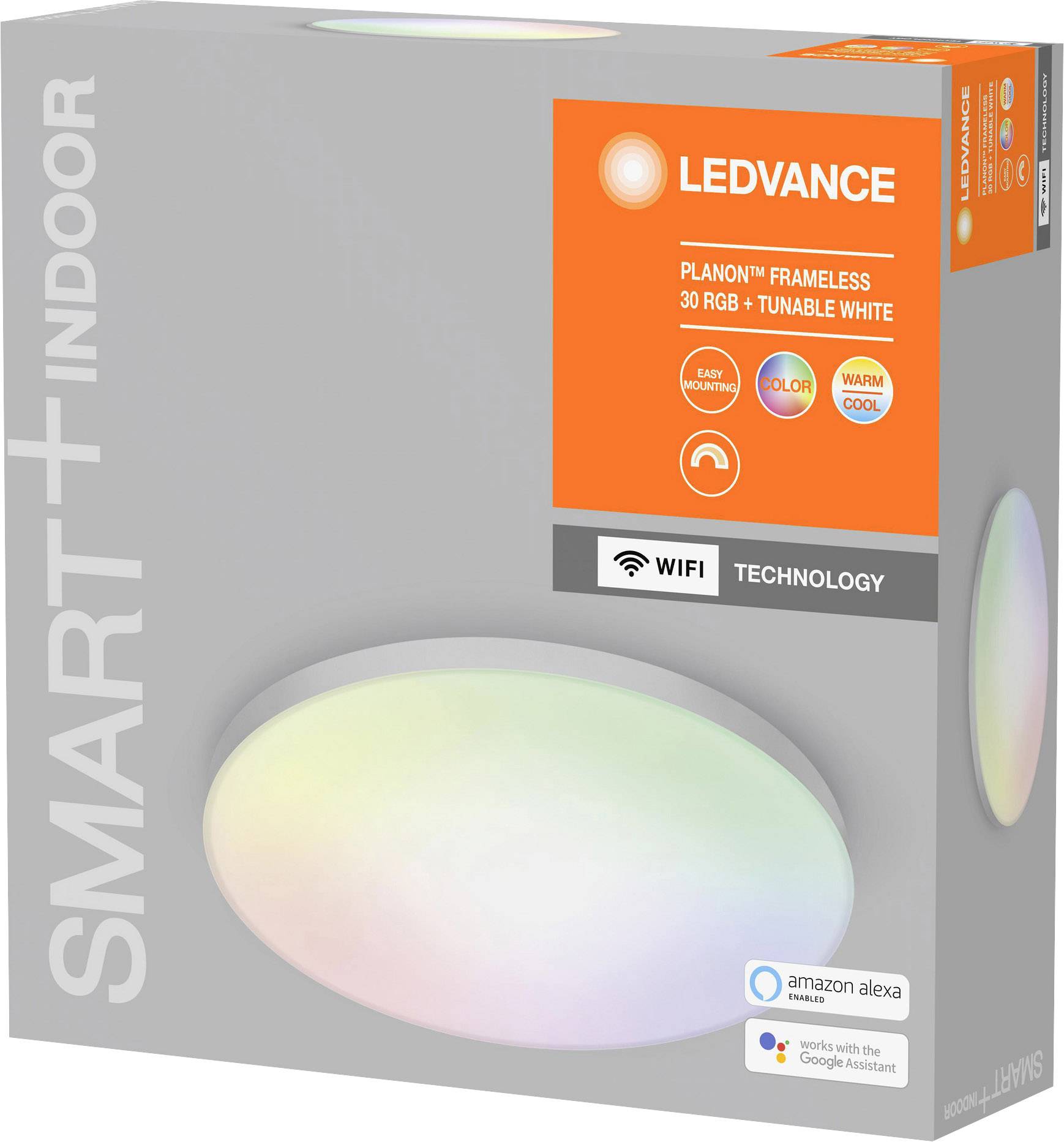 Box mit LED-Lampe 'LEDVANCE Smart+ Indoor', RGB und einstellbares Weiß, Wifi-Technologie, kompatibel mit Amazon Alexa und Google Assistant.