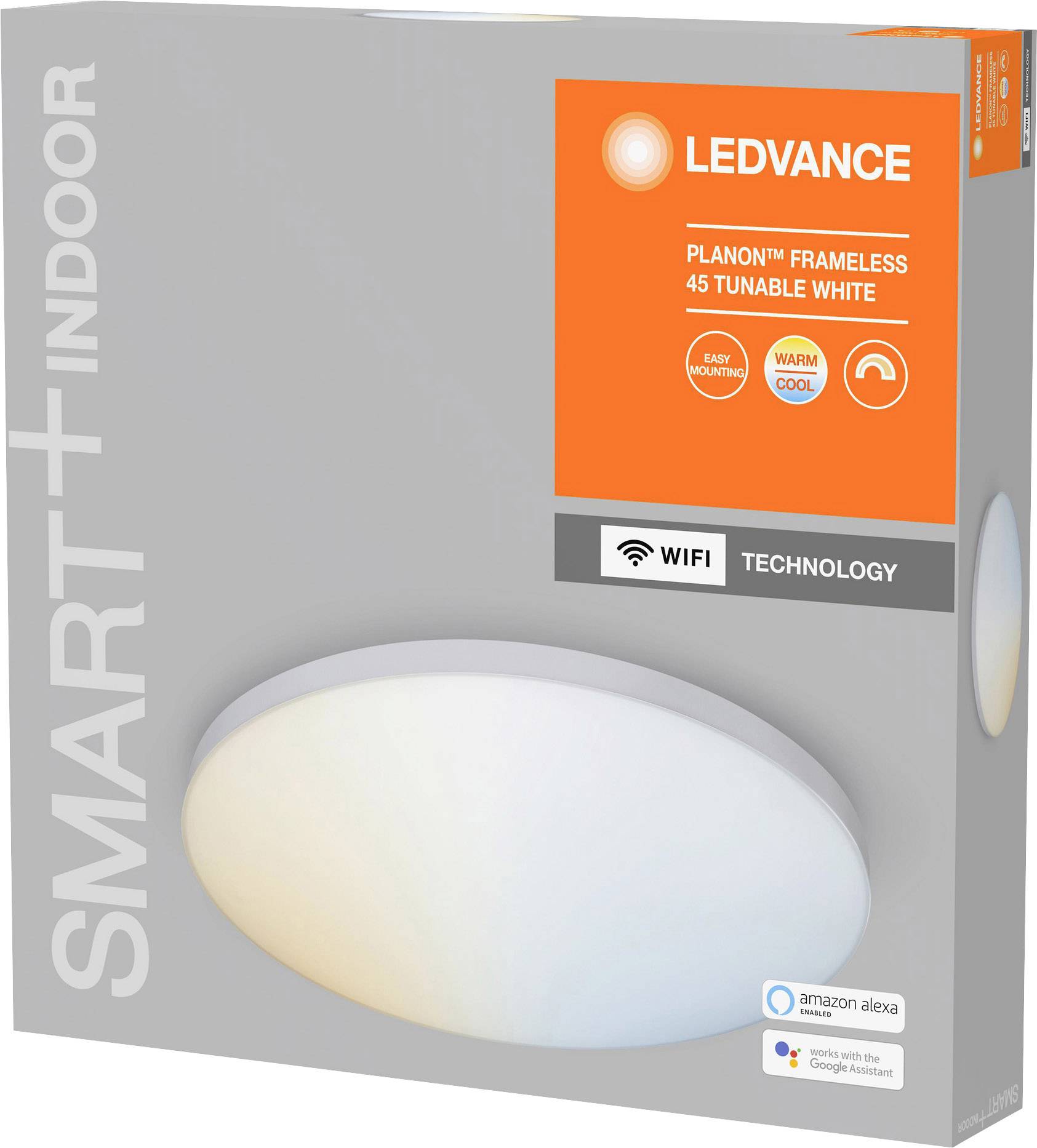 Paket einer SMART+ Indoor LEDVANCE Lampe. Aufschrift: 'Planon Frameless 45 Tunable White', kompatibel mit Amazon Alexa und Google Assistant.