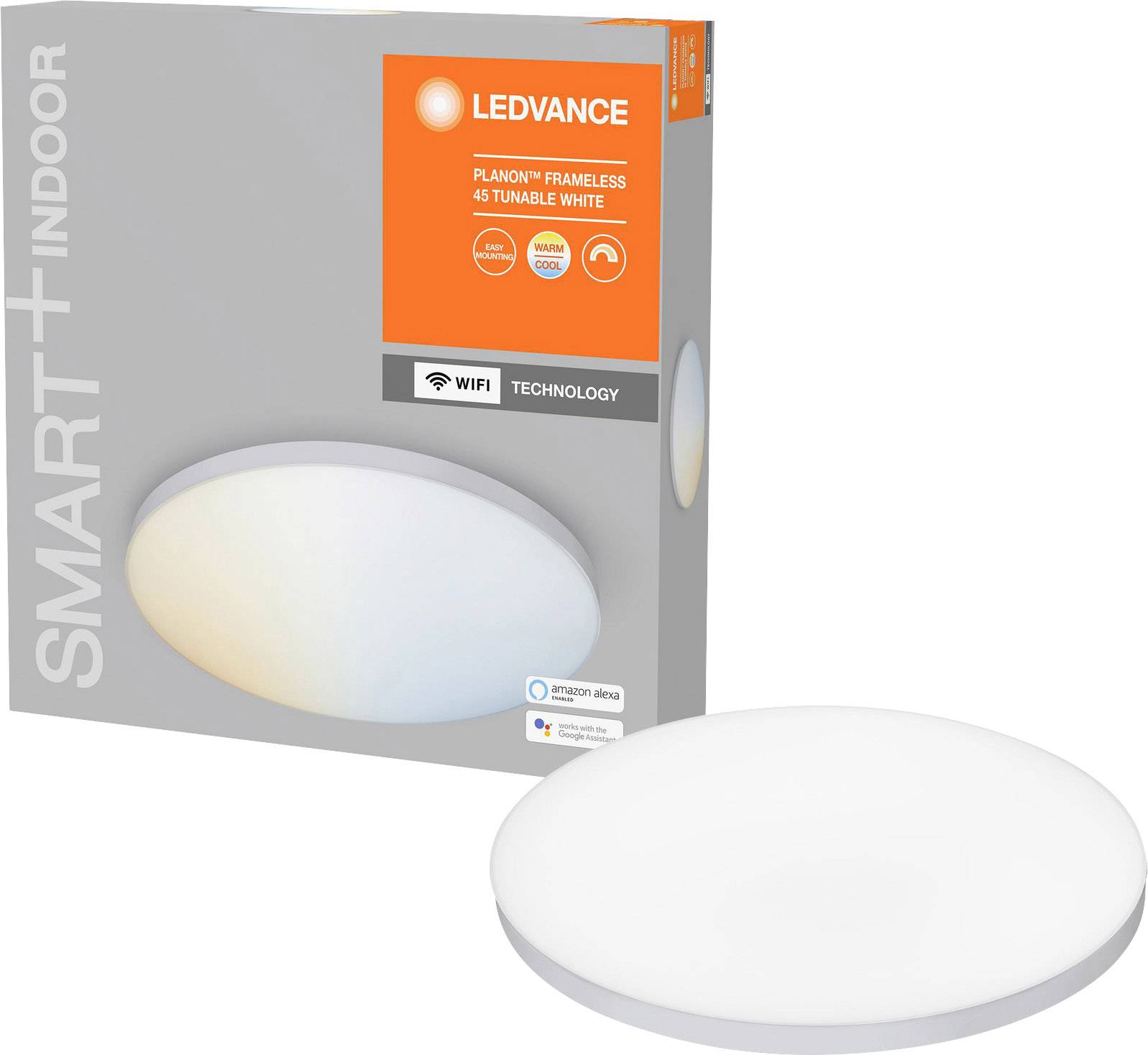 LEDVANCE 'Planon Frameless' WiFi-Deckenleuchte in Weiß, dimmbar, 40 cm. Verpackung zeigt Produktabbildung und Smart+-Indoor-Logo.