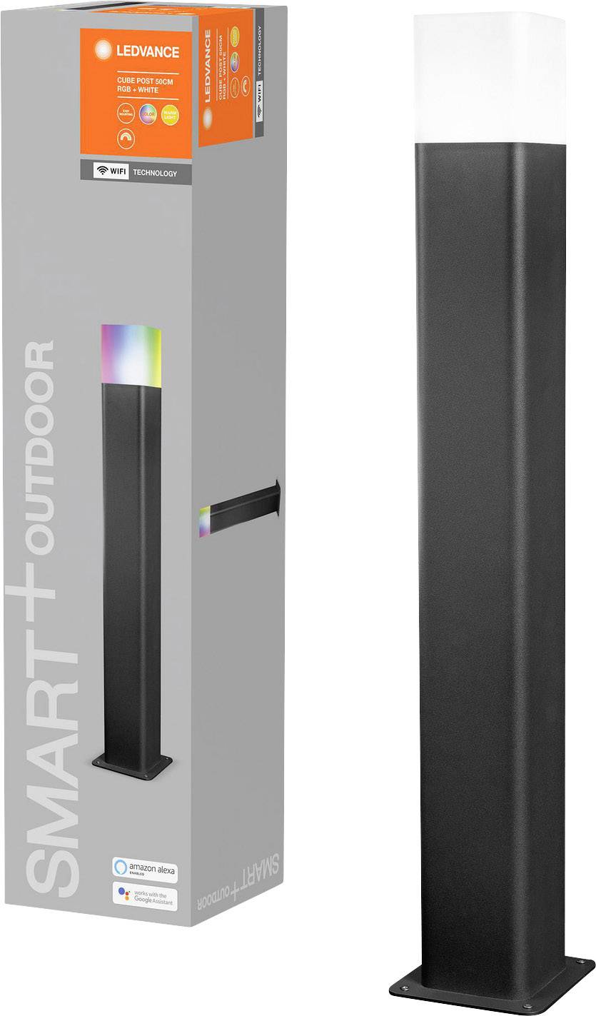 Eine schwarze LED-Außenleuchte von Ledvance mit Smart+ Technologie und Farbwechsel-Option, abgebildet neben der Verpackung.