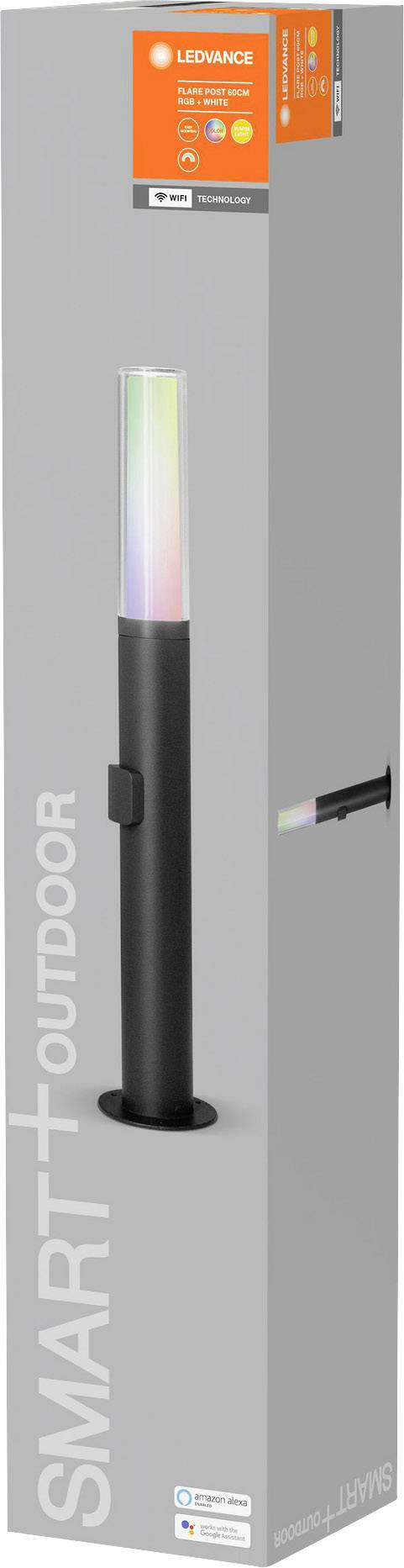 Verpackung einer LED-Außenleuchte von Ledvance mit Farbwechsel-Funktion, geeignet für Smart-Home-Systeme. Bild zeigt Produkt und Markenlogo.