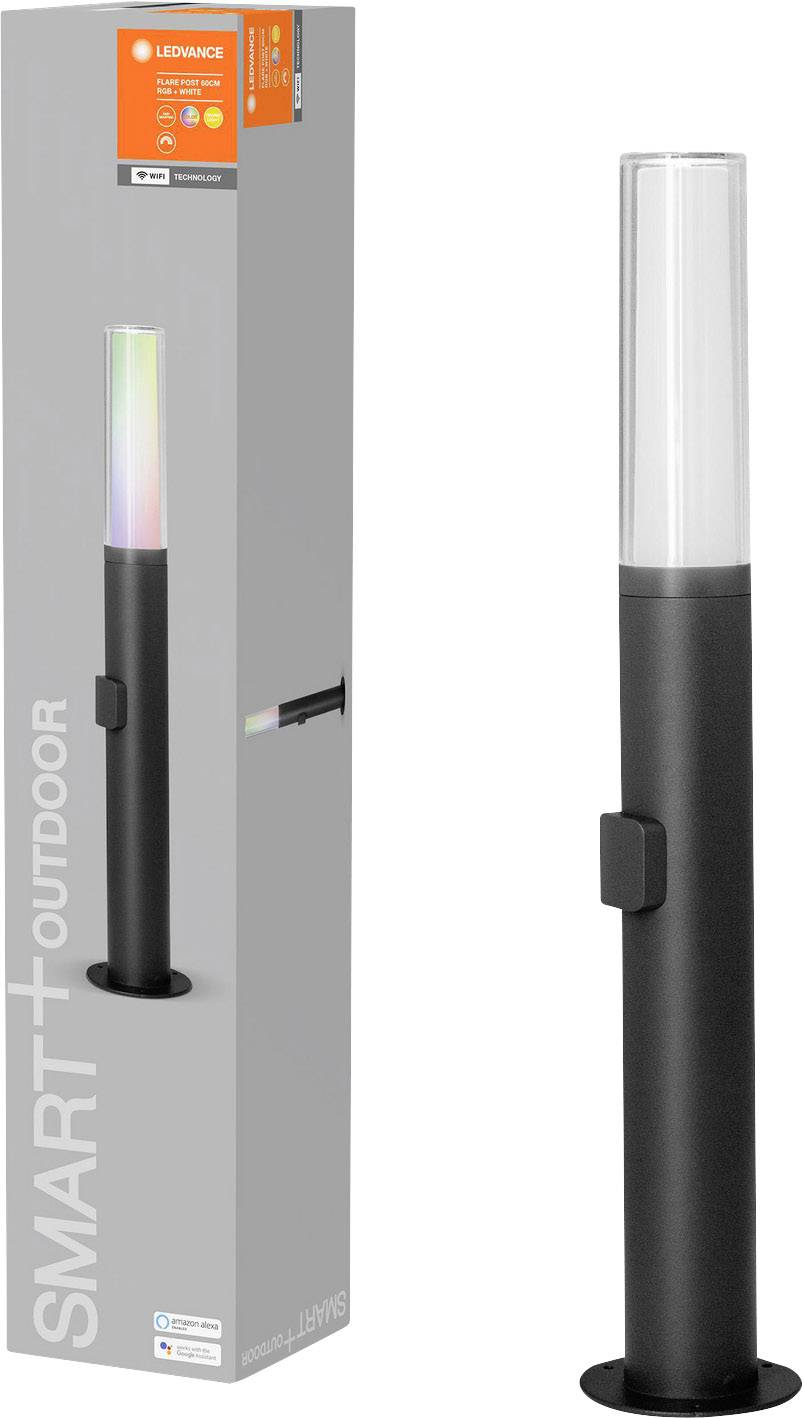 Verpackung einer LED-Außenleuchte neben der eigentlichen Leuchte. Die Lampe zeigt verschiedene Farben und ist modern gestaltet.