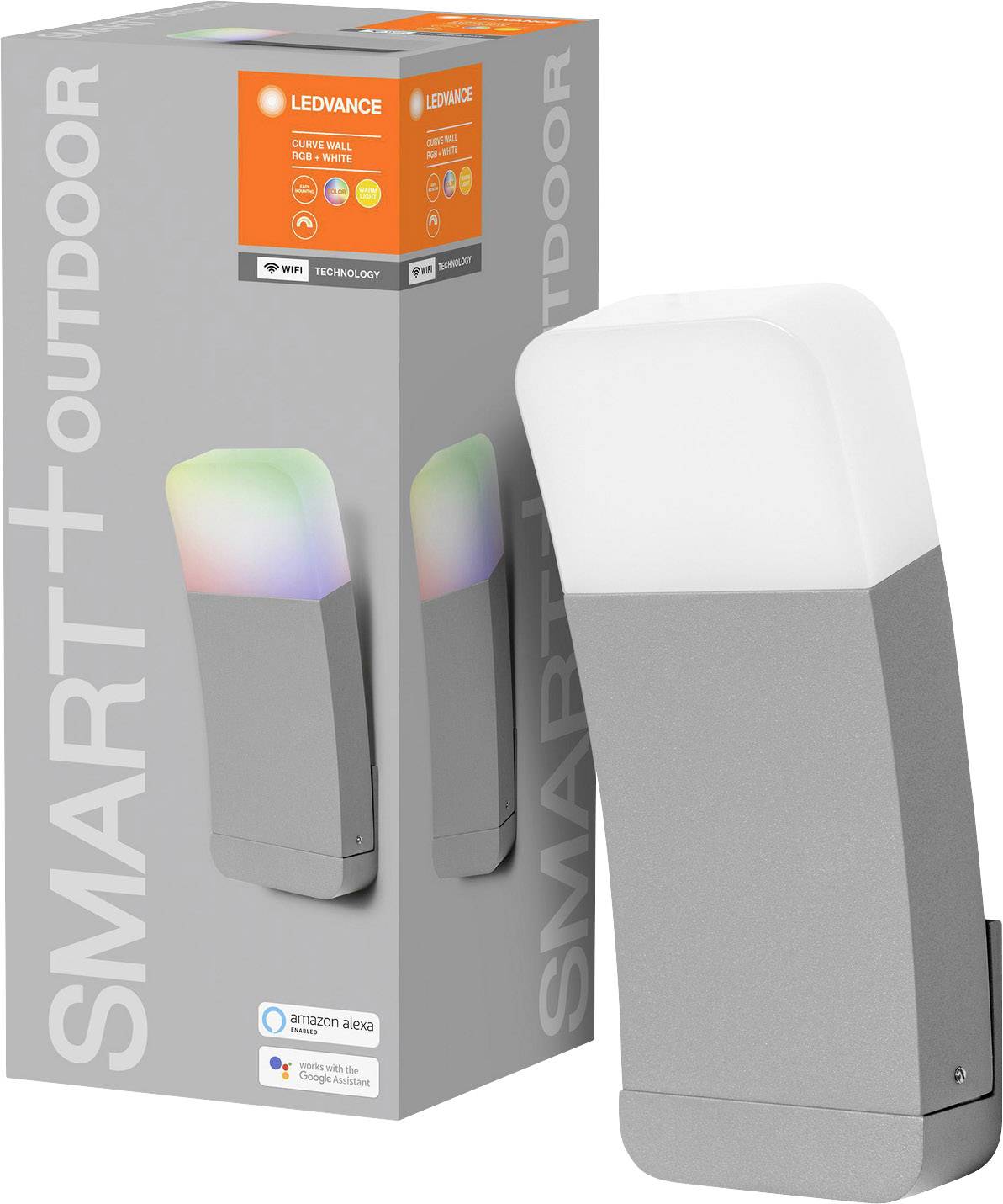 LED-Außenleuchte in grau und weiß mit "SMART+ OUTDOOR" Beschriftung. Verpackung zeigt Kompatibilität mit Amazon Alexa.