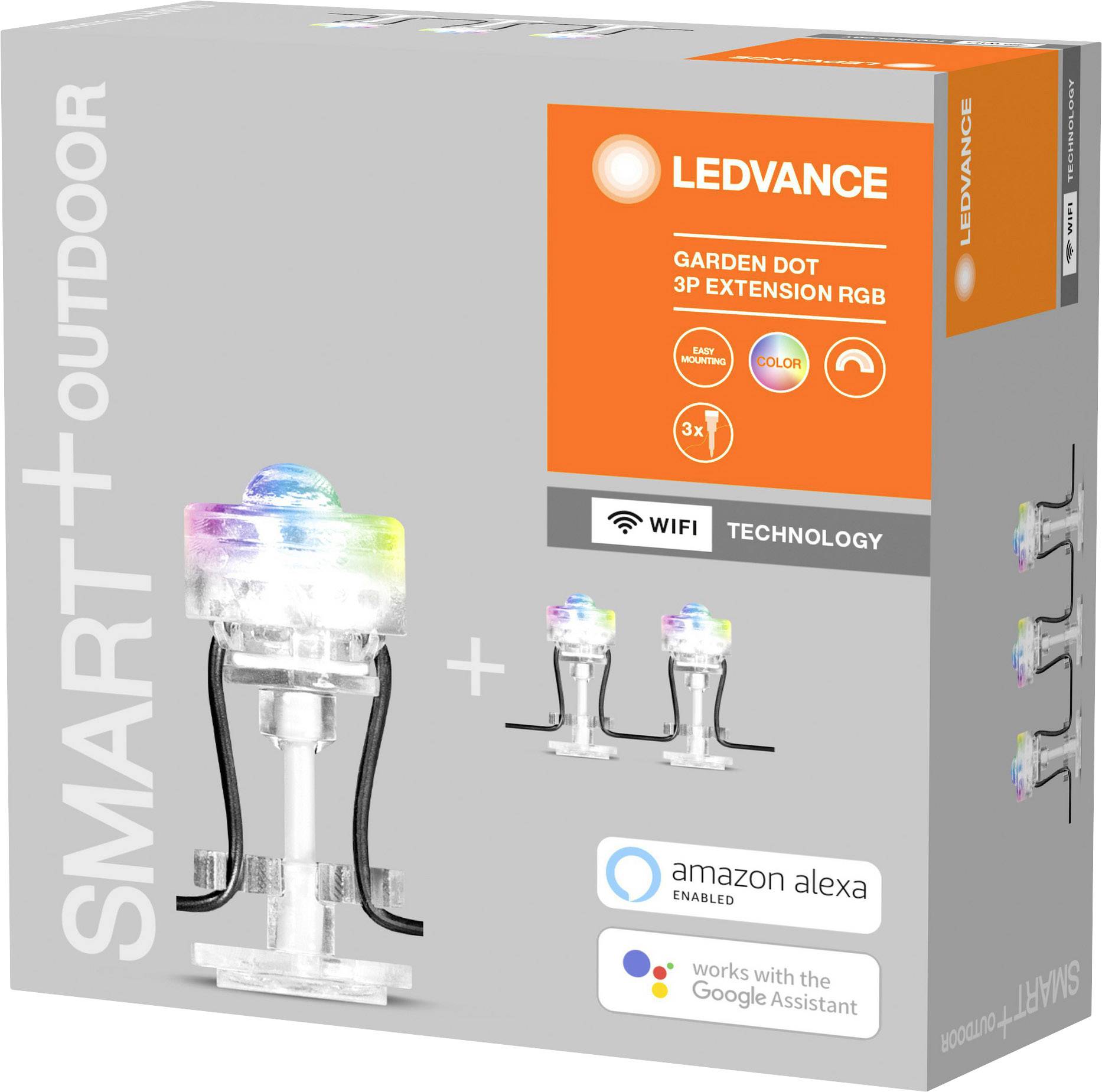 Kartonschachtel von LEDVANCE mit Gartenbeleuchtung 'Garden Dot 3P Extension RGB', kompatibel mit Amazon Alexa und Google Assistant.