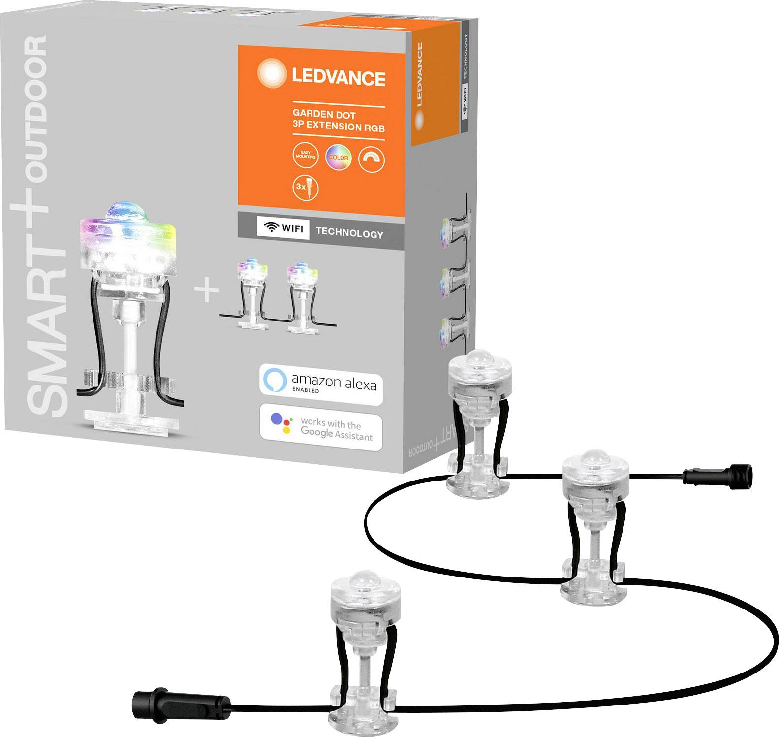'LEDVANCE SMART+ Outdoor Garden Dot 3P Extension RGB' Verpackung und Produktabbildungen. Kompatibel mit Amazon Alexa und Google Assistant.