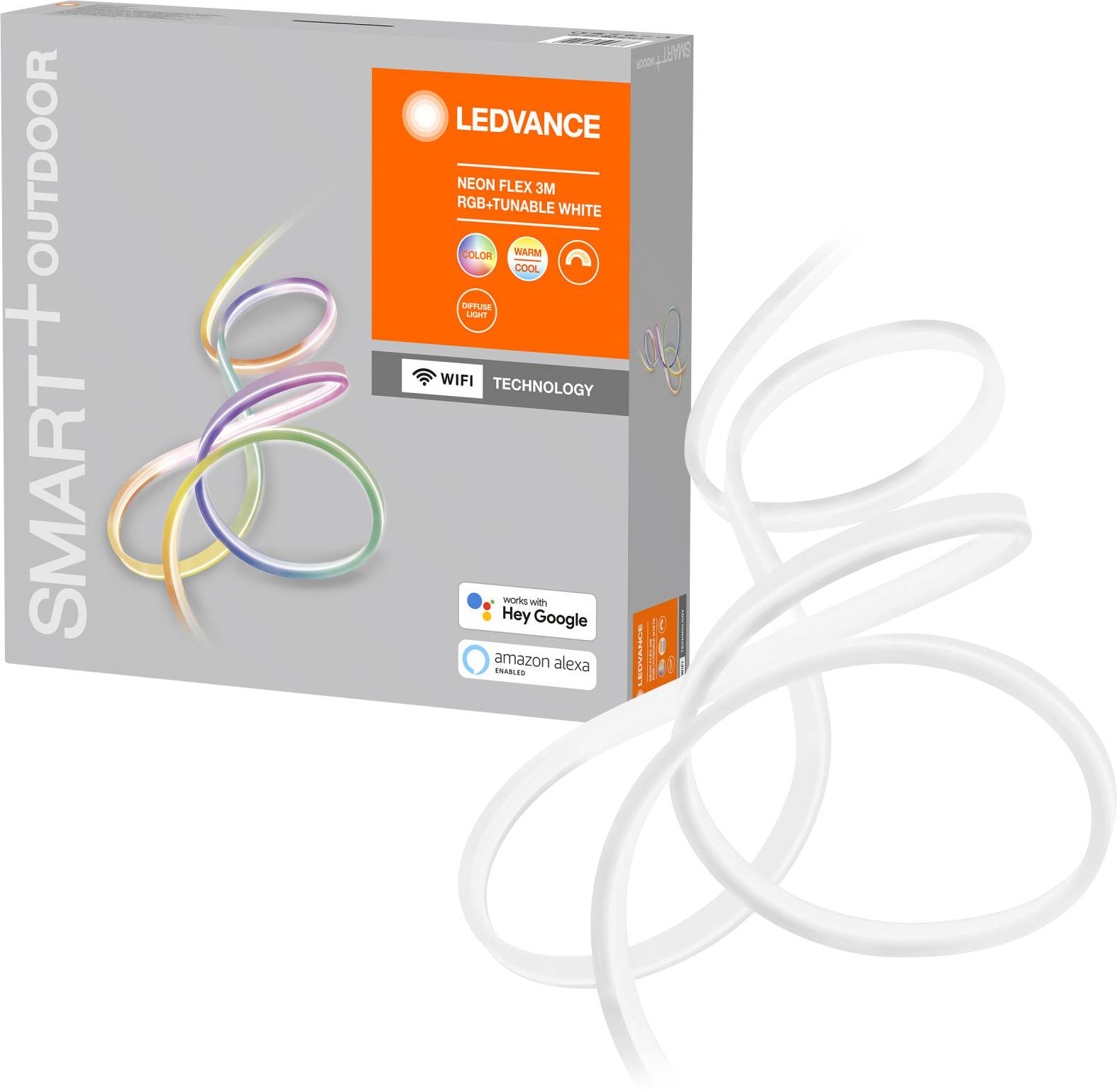Verpackung einer LEDVANCE Neon Flex RGB-Tunable White Leuchte. Kompatibel mit Google Assistant und Amazon Alexa. Für den Außenbereich.