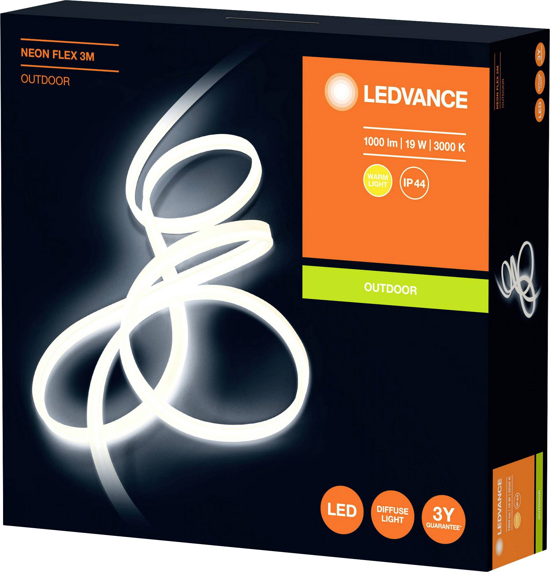Verpackung einer LED-Beleuchtung für den Außenbereich von Ledvance. Angaben: 1000 lm, 19 W, 3000 K. Neon Flex 3 Meter. IP44.