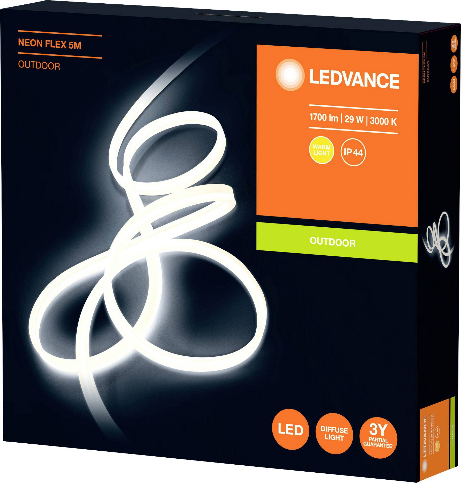 Eine Verpackung mit LED-Leuchtstreifen. Beschriftung: 'LEDVANCE Neon Flex 5m, 1700lm, 29W, 3000K, IP44, Outdoor, LED, Diffuse Light, 3 Jahre Garantie.'