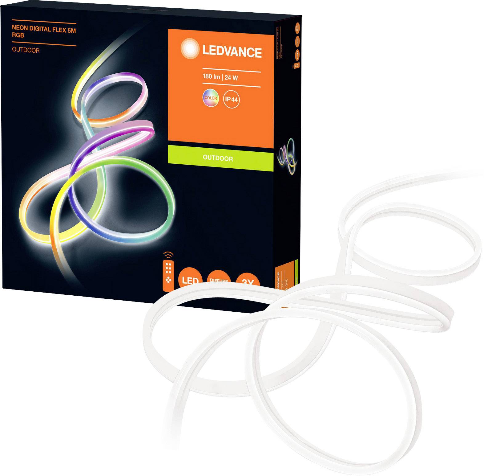 'LEDVANCE Neon Digital Flex': Verpackung und flexibles LED-Lichtband. Bunte Beleuchtung für den Außenbereich. Länge: 5m.