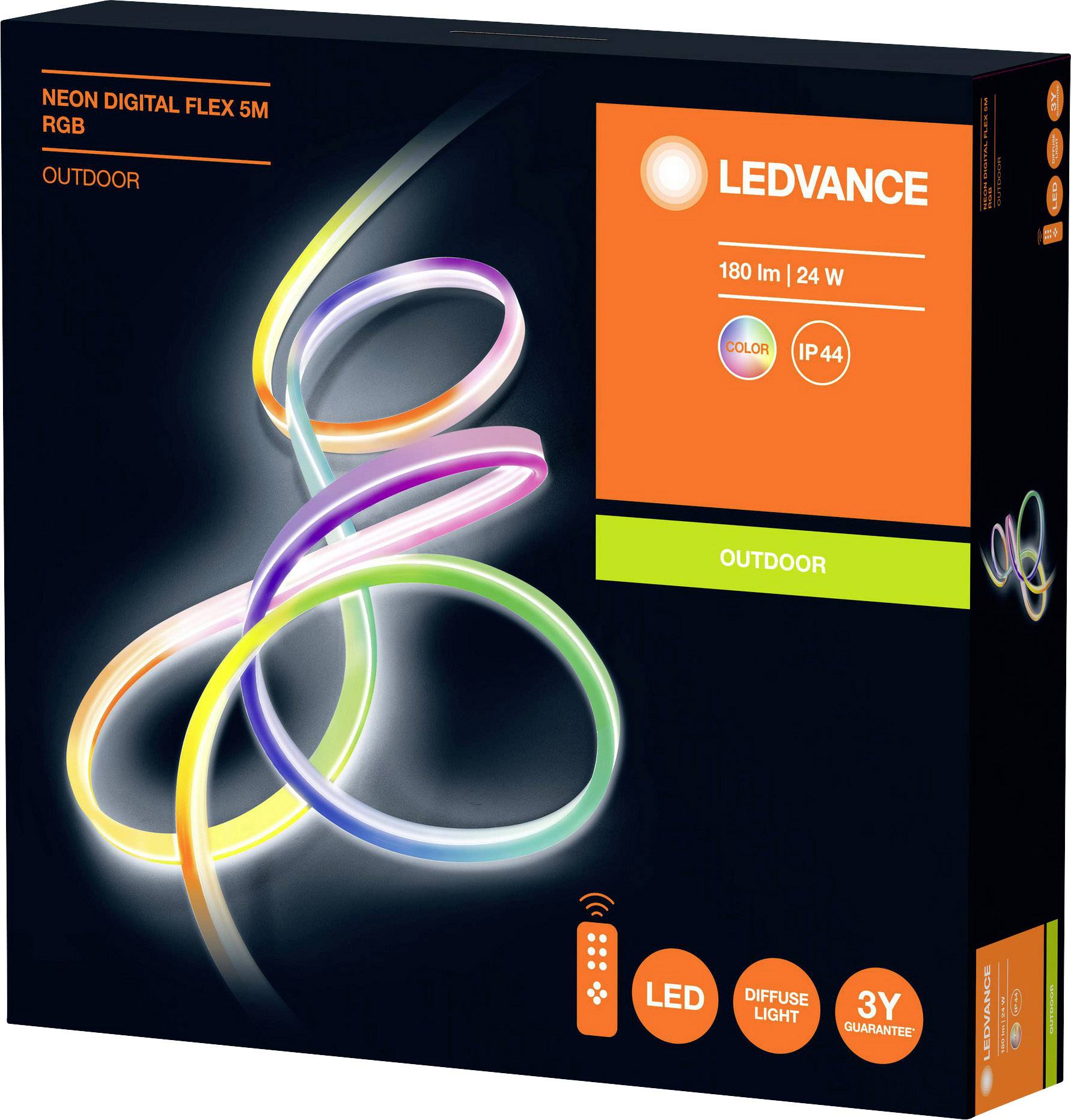 Verpackung eines LEDVANCE Neon Digital Flex 5M RGB LED-Streifens für den Außenbereich. 180 Lumen, 24 Watt, IP44, 3 Jahre Garantie.