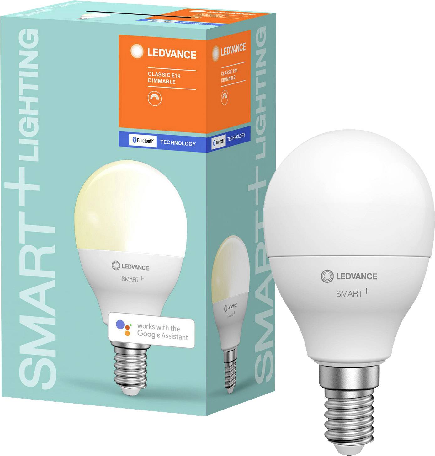Energiesparlampe von Ledvance, kompatibel mit Google Assistant, dimmbar. Verpackung zeigt Lampenbild und Funktionen wie Bluetooth.
