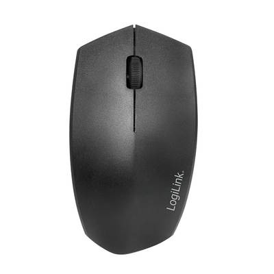 Eine schwarze kabellose Computermaus von oben mit einem mittigen Scrollrad und der Aufschrift 'LogiLink' an der Seite.