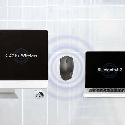 'Bild zeigt eine kabellose Maus zwischen einem PC mit "2.4GHz Wireless" und einem Laptop mit "Bluetooth 4.2".'