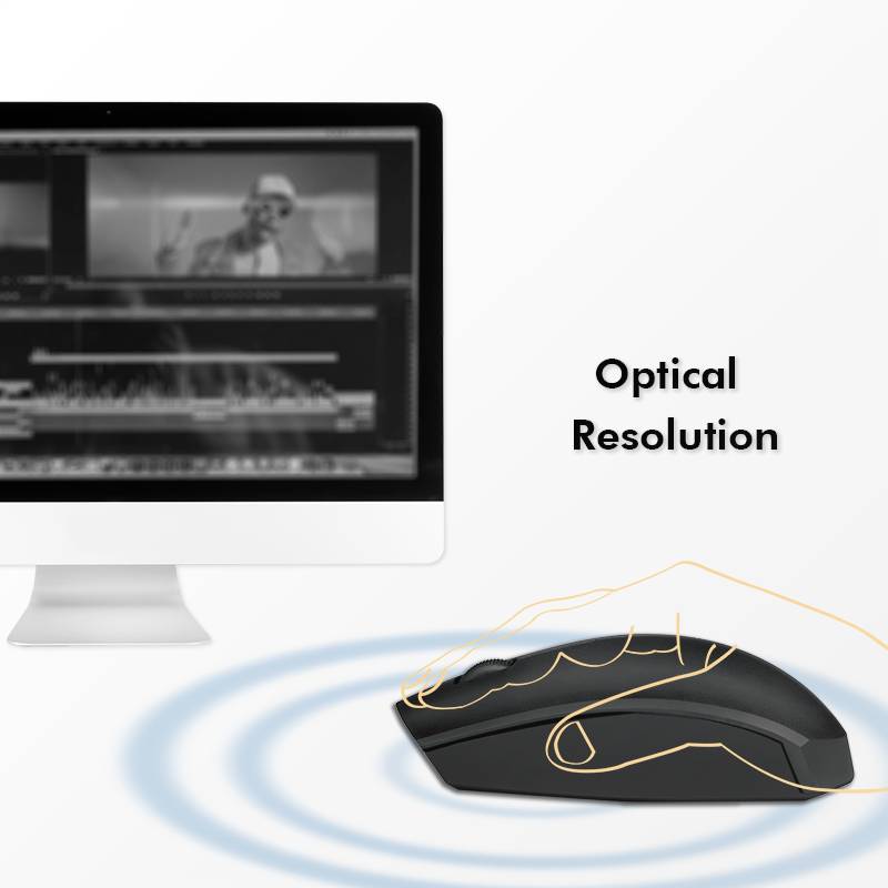 Bild einer Computermaus neben einem Monitor mit geöffnetem Videobearbeitungsprogramm. Text 'Optical Resolution' ist rechts der Maus sichtbar.