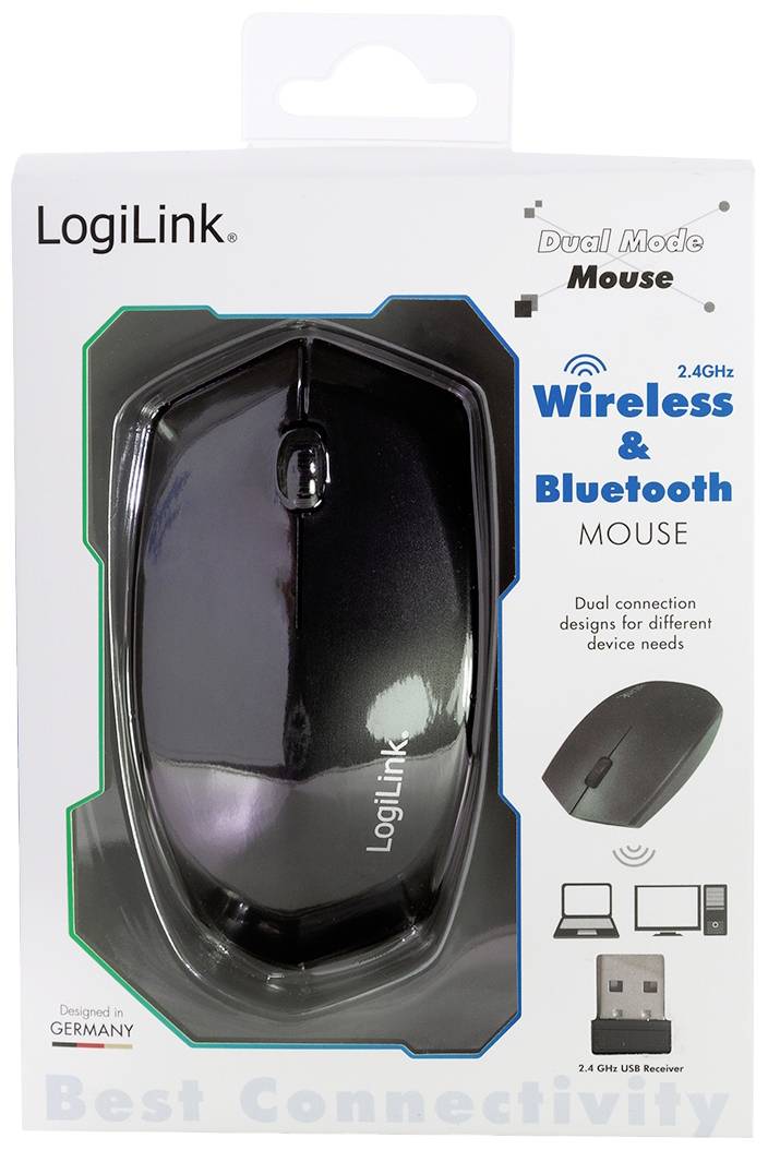 'Schwarze LogiLink Dual Mode Maus in Verpackung, unterstützt 2.4GHz Wireless und Bluetooth. Enthält 2.4GHz USB-Empfänger. Hergestellt in Deutschland.'
