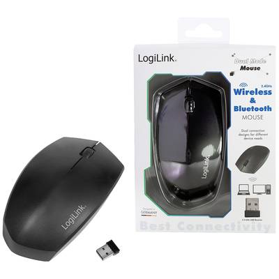 Kabellose Maus von LogiLink neben ihrer Verpackung. Die Verpackung weist auf Dual-Modus und 2,4 GHz Wireless- sowie Bluetooth-Verbindung hin.
