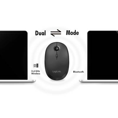 'Computermaus in der Mitte zwischen zwei Laptops; Links: 2,4 GHz Wireless, Rechts: Bluetooth. Text: Dual Mode.'