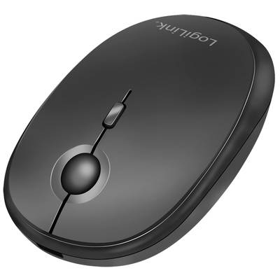 Schwarze kabellose Computermaus mit mittlerem Scrollrad und schlankem Design, ergonomisch geformt für komfortable Nutzung.
