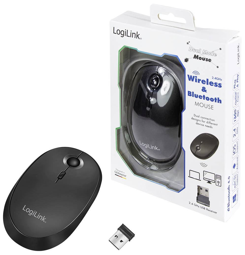 Eine schwarze LogiLink Maus mit USB-Empfänger, verpackt in einer Schachtel mit der Aufschrift 'Wireless & Bluetooth Mouse'.