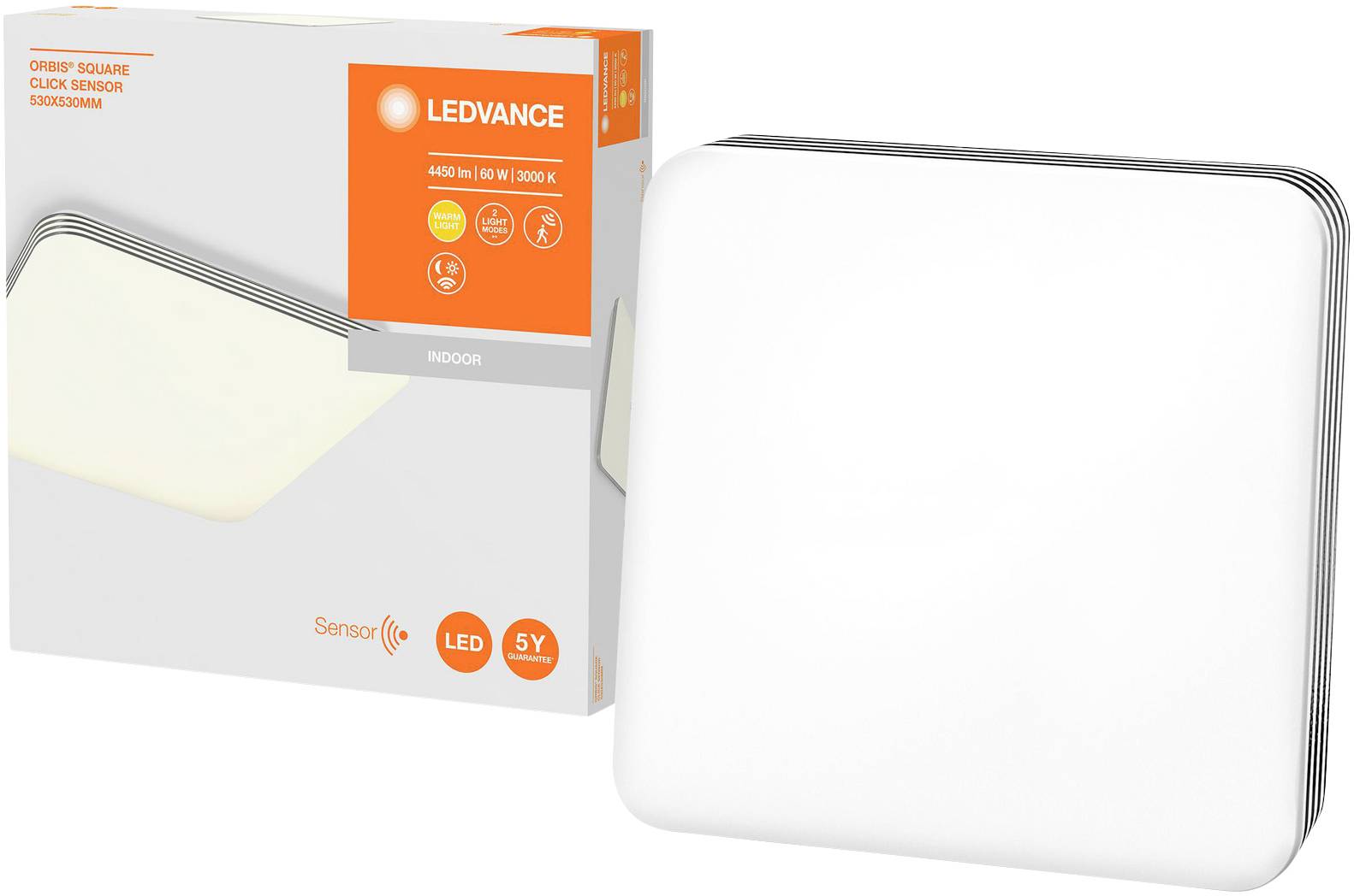 Quadratische LED-Deckenleuchte und ihre Verpackung, die 'LEDVANCE Orbis Square Click Sensor' zeigt. Enthält Angaben zu Leistung und Sensor.