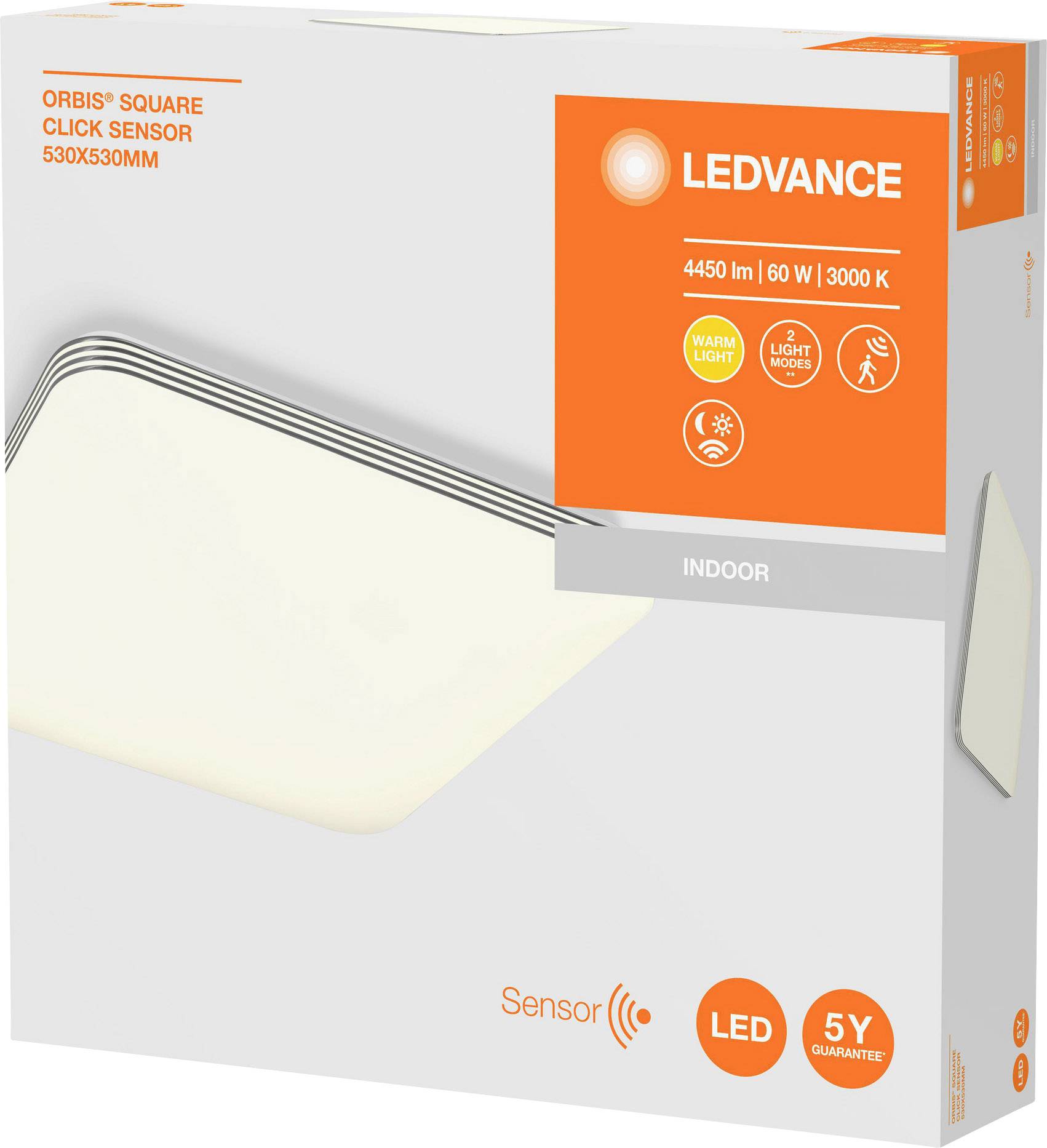LED-Beleuchtung 'Ledvance Orbis Square' mit 4450 lm, 60 W, warmweißem Licht 3000 K. Abmessungen: 530x530 mm, Sensor, 5 Jahre Garantie.
