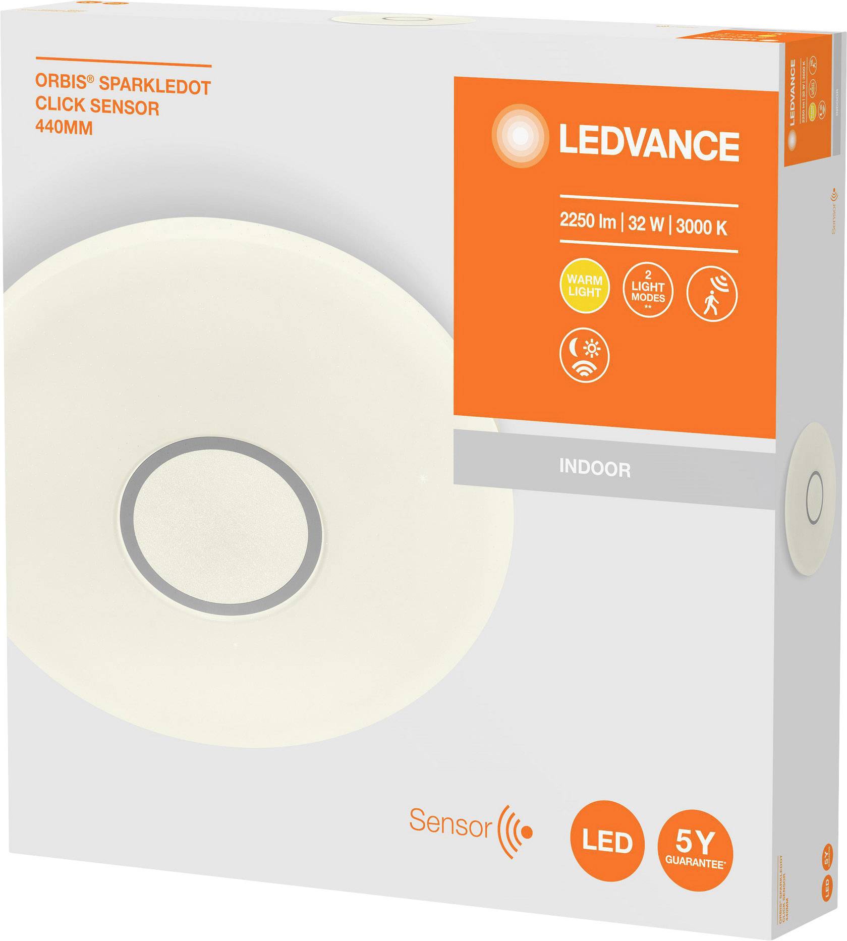 Eine LED-Deckenleuchte 'ORBI'S Sparkledot' von Ledvance in einer Verpackung. Eigenschaften: 2250 Lumen, 32 Watt, 3000 Kelvin, 440mm Größe.