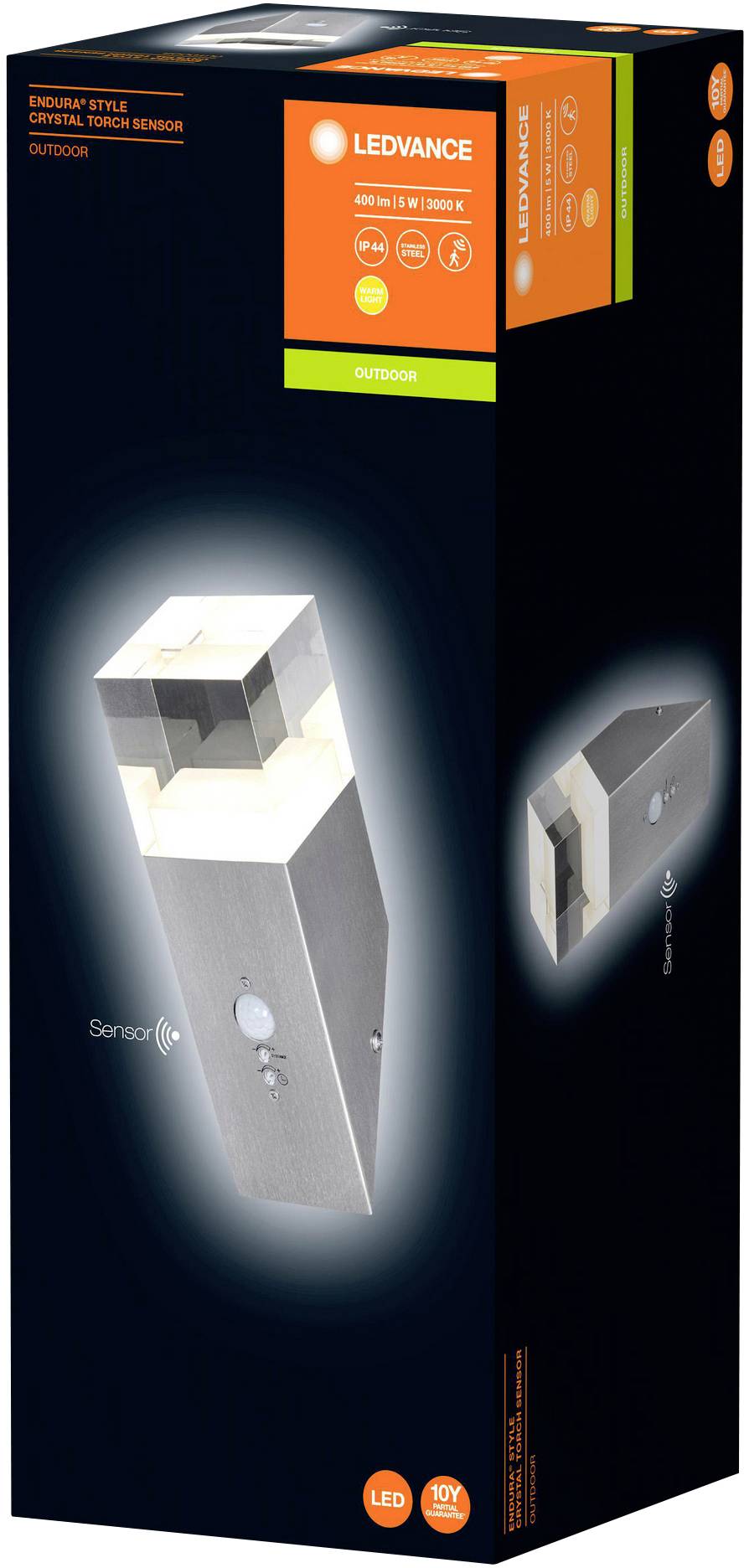 Die Verpackung zeigt eine LED-Außenleuchte von Ledvance mit Bewegungsmelder. Die Produktfarben sind Silber und Schwarz.