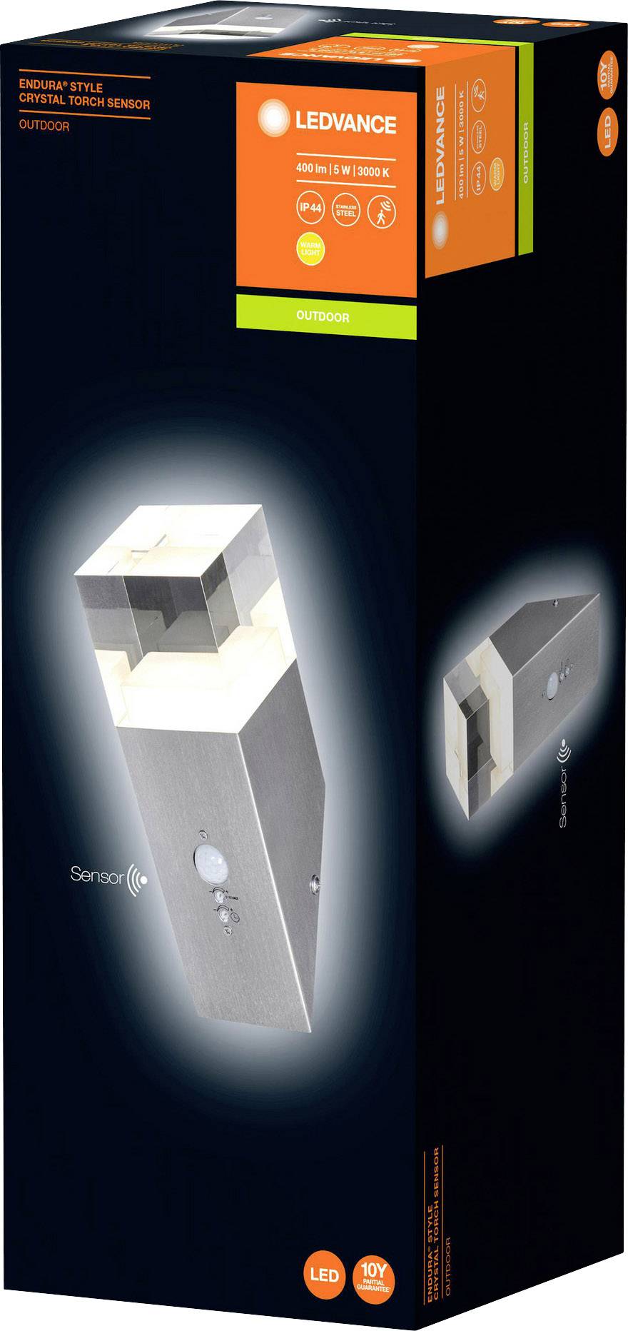 Die Verpackung zeigt eine LED-Außenleuchte von Ledvance mit Sensorfunktion. Eignet sich für Umgebungen im Freien.