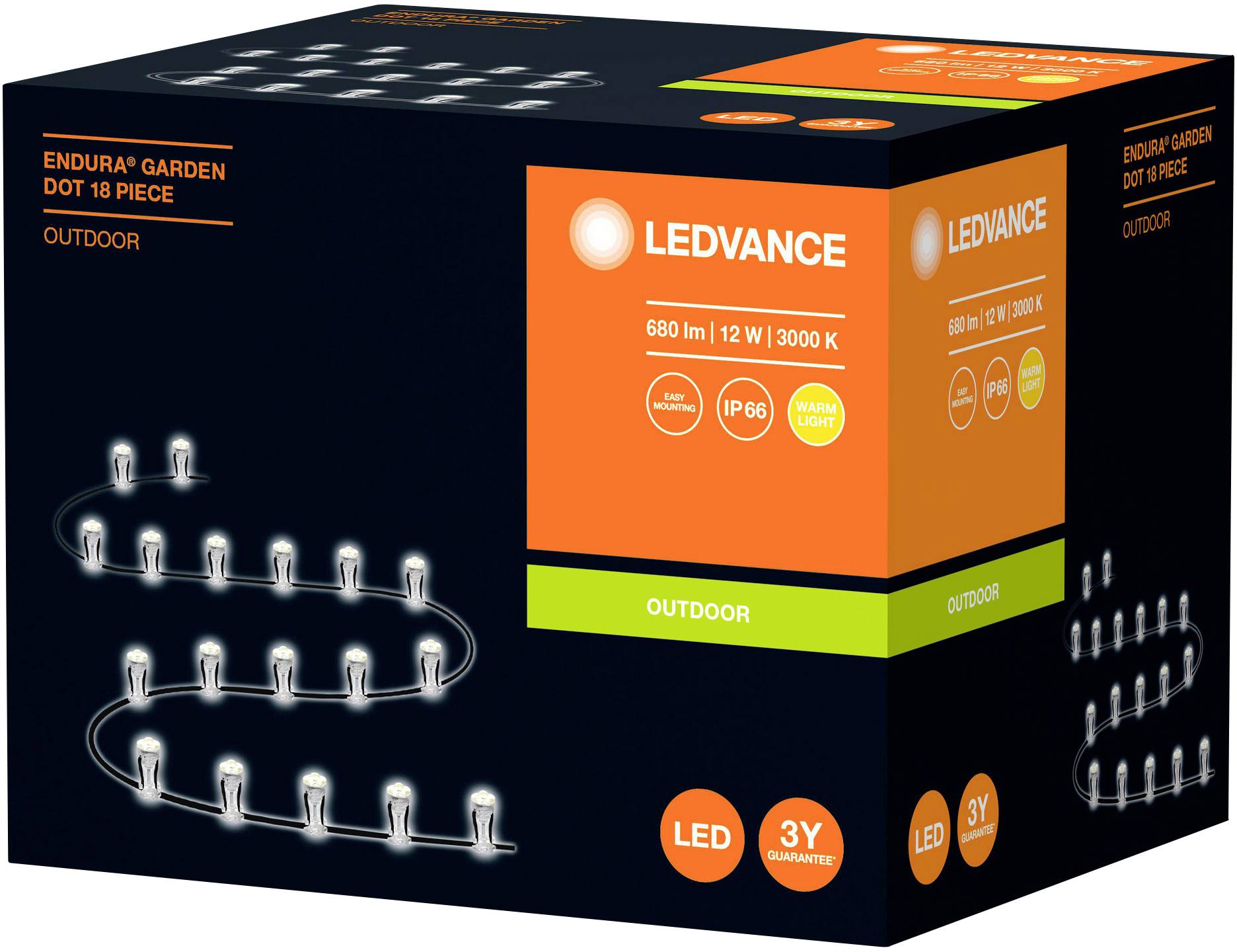 Kartonschachtel mit 18 LED-Leuchten für den Außenbereich, 680 Lumen, 12 Watt, 3000 Kelvin. Markenname prominent in Orange hervorgehoben.