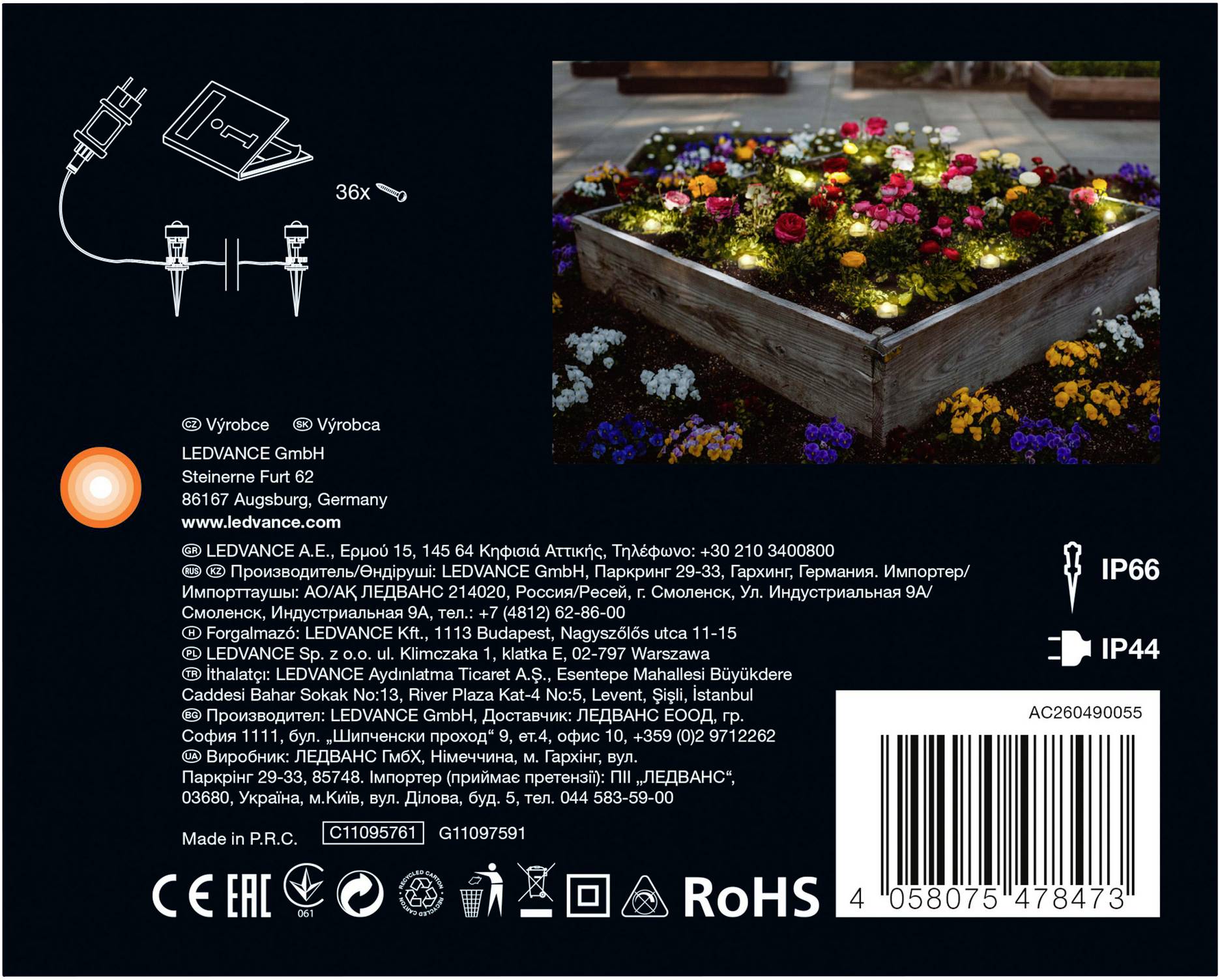 'Schwarzer Hintergrund mit QR-Code, CE- und RoHS-Symbolen. Bild eines Blumenbeets mit bunten Blumen rechts. Technische Infos links.'