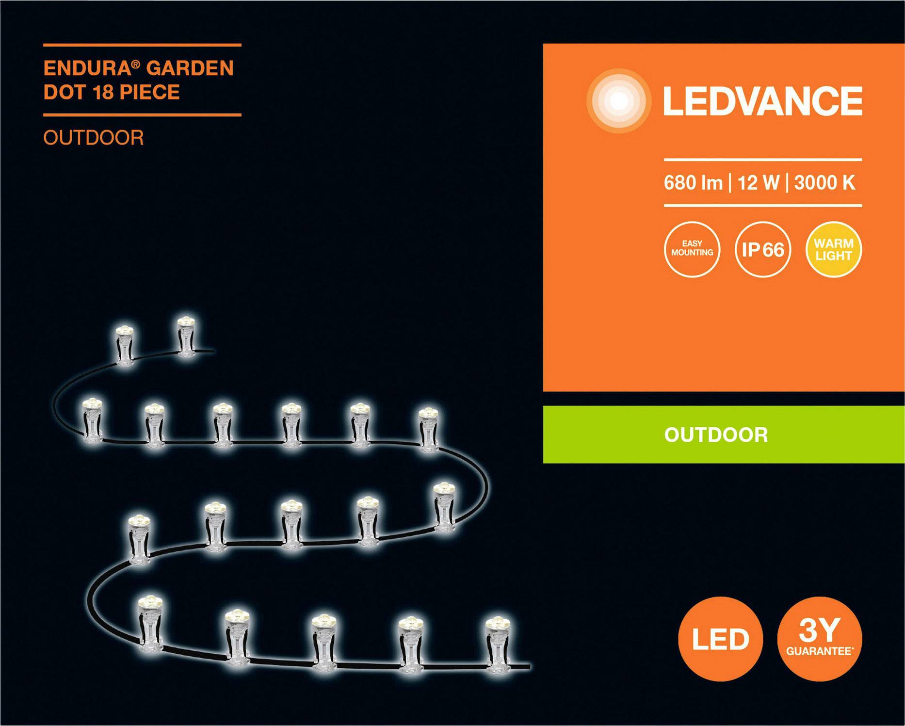 'Endura® Garden Dot 18 Stück' LED-Gartenbeleuchtung, 680 lm, 12 W, 3000 K, IP66, einfache Montage, warme Lichtfarbe, 3 Jahre Garantie.