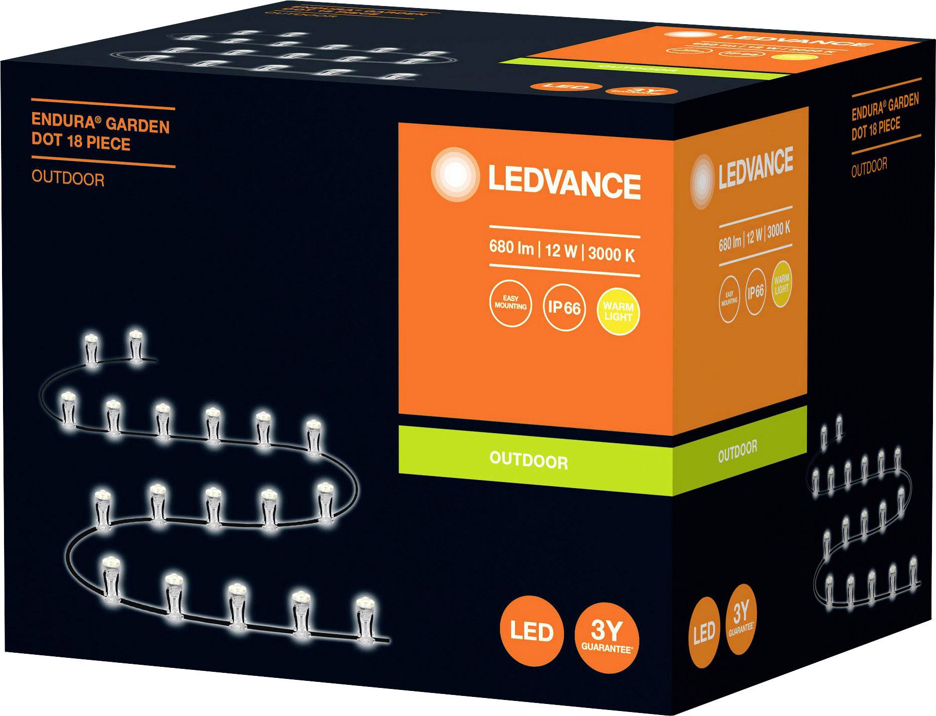 Schwarze Box mit LED-Lichterkette 'LEDVANCE Endura Garden Dot' für den Außenbereich. 18 Stück, 680 lm, 12 W, 3000 K, IP66, warmweiß.