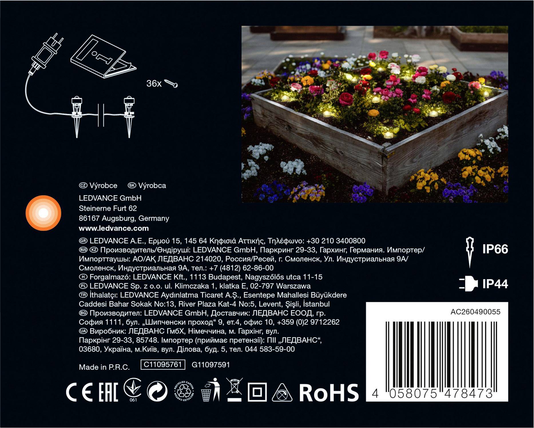 Rückseite einer LED-Leuchtenverpackung, zeigt Installationsdiagramm, Herstelleradresse, technische Symbole wie IP66, IP44, RoHS und Barcode.