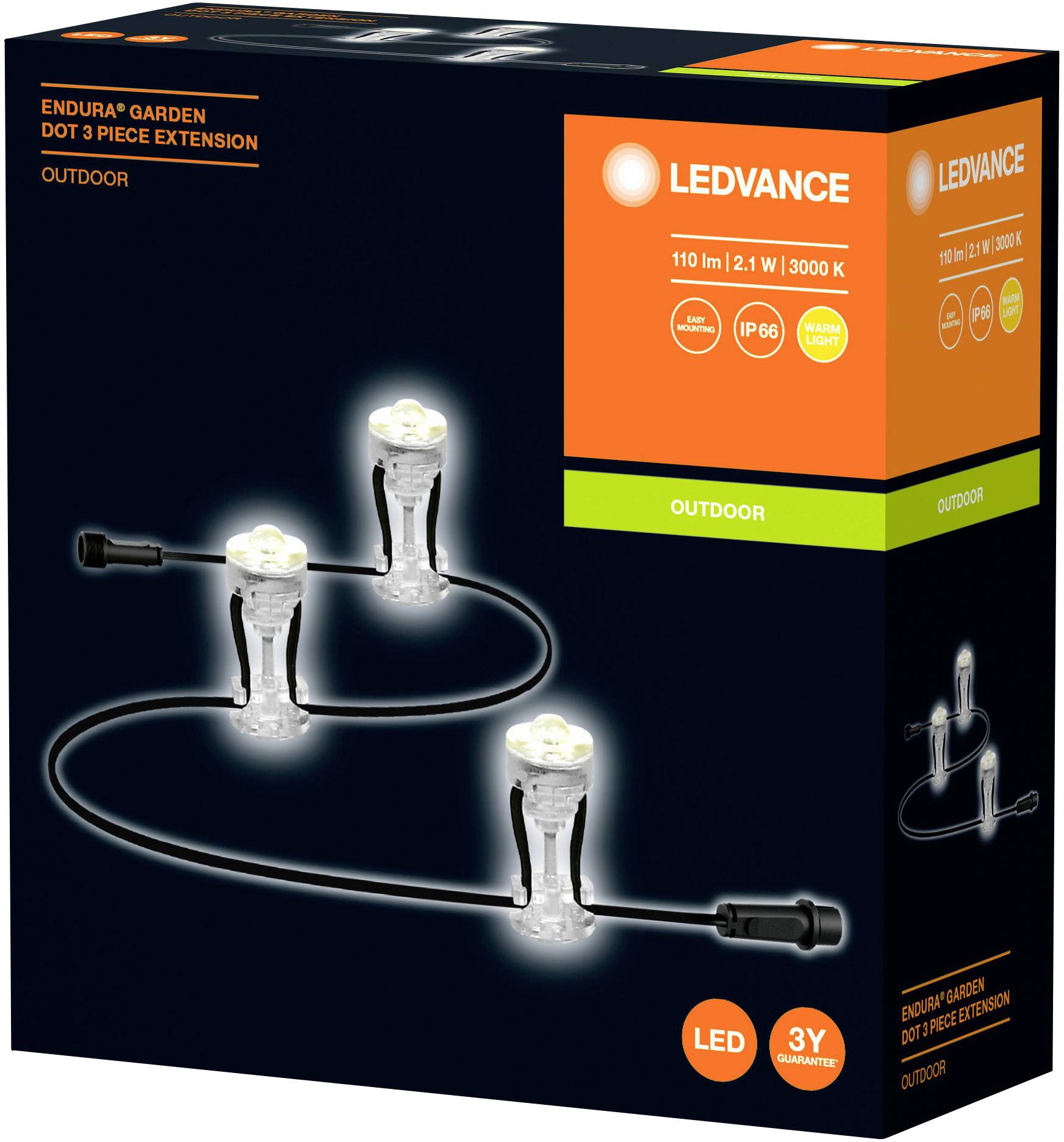 Verpackung einer LED-Gartenbeleuchtung, 3-teilig, IP66, 2,1 W, 3000 K, für den Außenbereich. Markenname LEDVANCE.