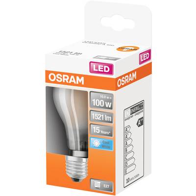 LED-Lampe von OSRAM in Verpackung mit 100 W Äquivalent, 1521 lm, 'Cool White', E27 Fassung, Energieklasse A++, Lebensdauer 15 Jahre.