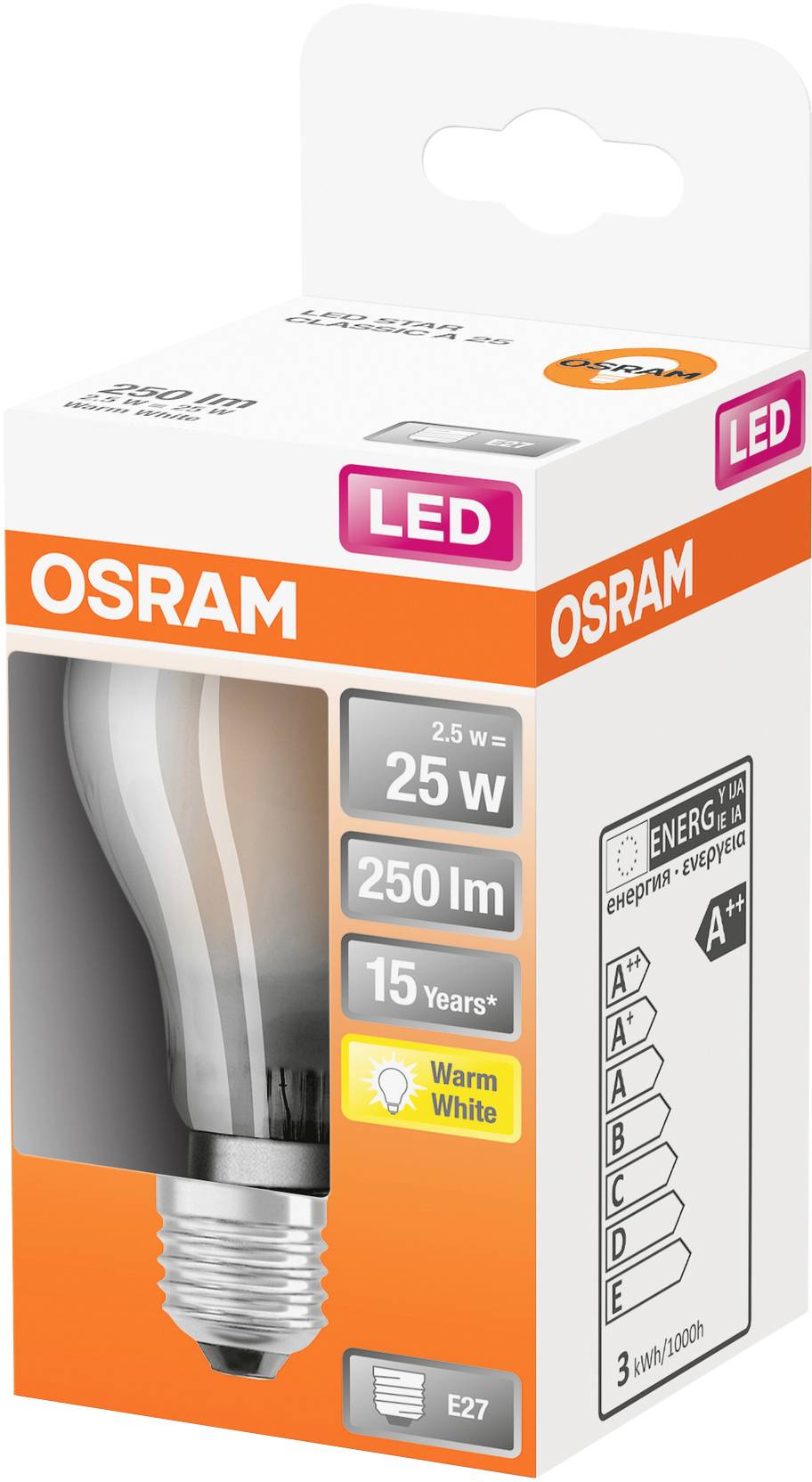 Verpackung einer OSRAM LED-Glühbirne, 25 Watt, 250 Lumen, warmweiß, E27-Sockel, Energieklasse A+. Laufzeit bis zu 15 Jahre.