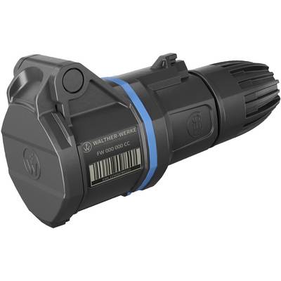 Schwarzer, zylindrischer Industriestecker mit Barcode und blauer Markierung, markiert als 'Walther-Werke'.