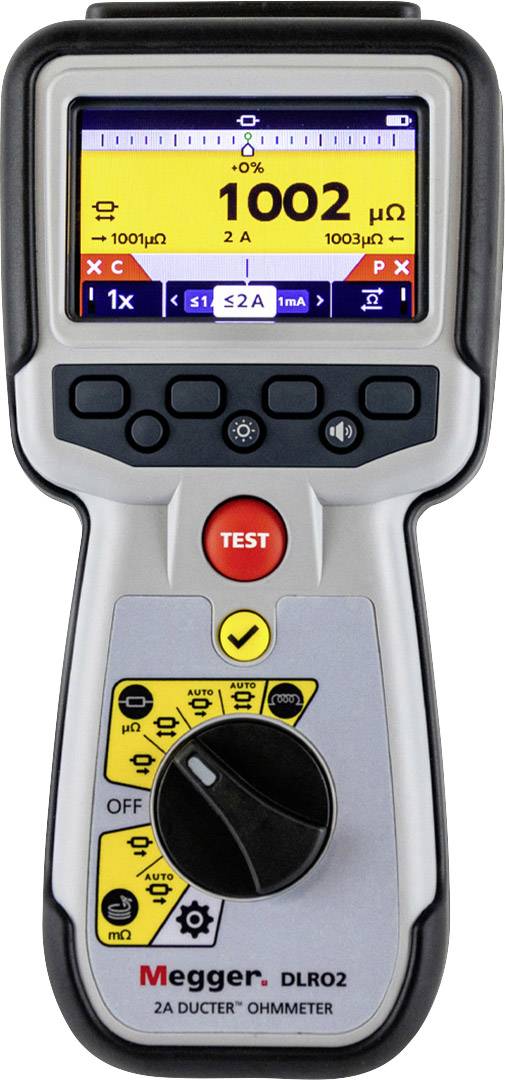 Ein digitales Ohmmeter zeigt einen Widerstand von 1002 Mikro-Ohm an. Es enthält Knöpfe zur Steuerung und ein Display zur Anzeige.