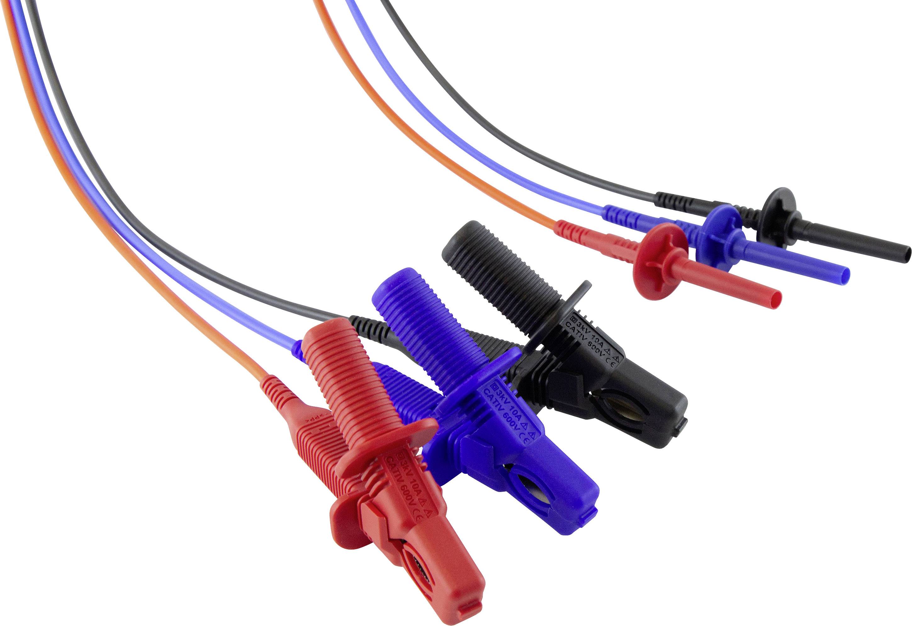 Mehrere farbige Prüfspitzen (rot, blau, schwarz) sind in einem Bündel angeordnet, verwendet zum Messen elektrischer Ströme.