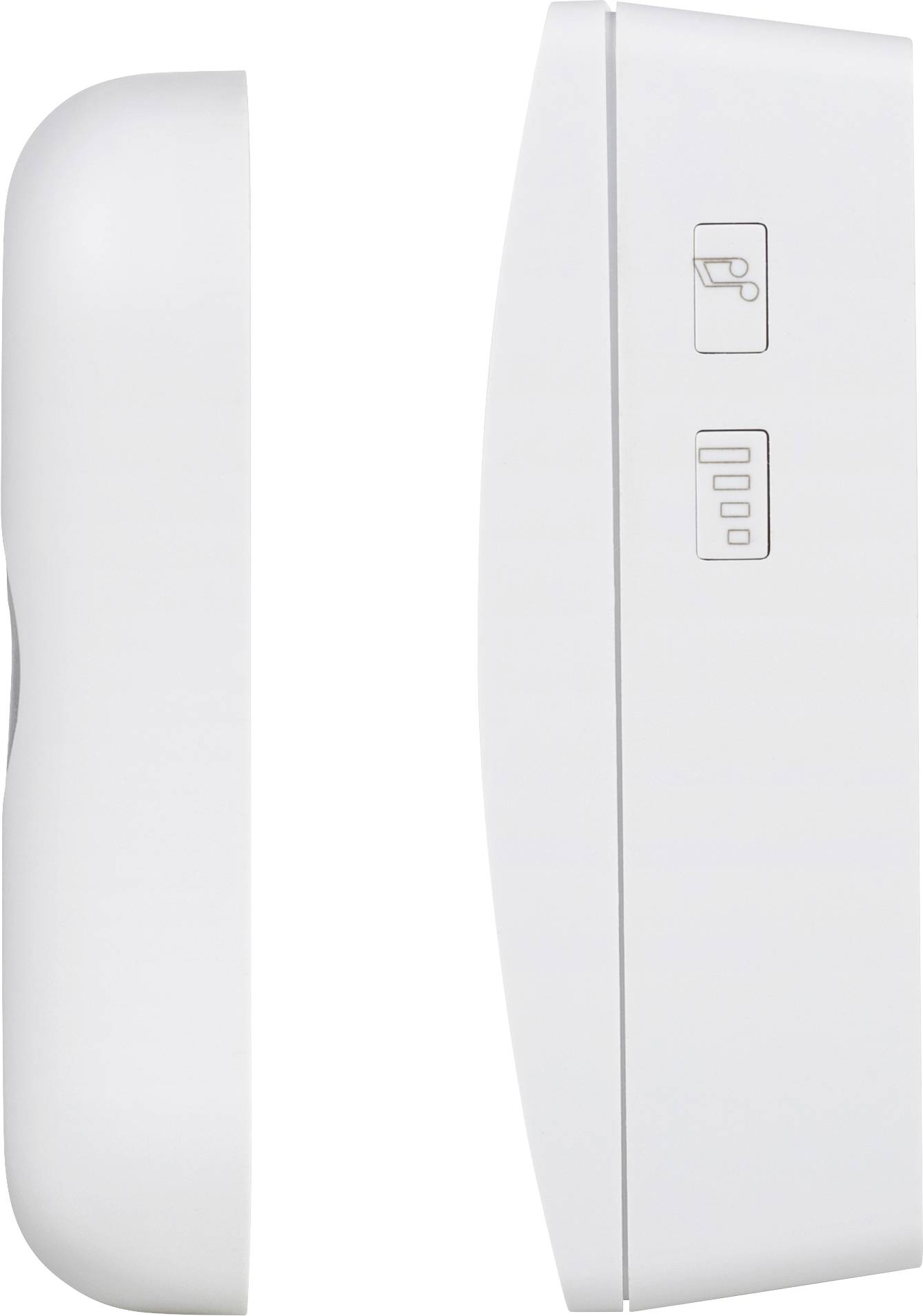 Zwei seitliche Ansichten eines weißen Wandthermostats. Links zeigt das Gerät eine glatte Oberfläche und rechts befinden sich zwei Symbole.