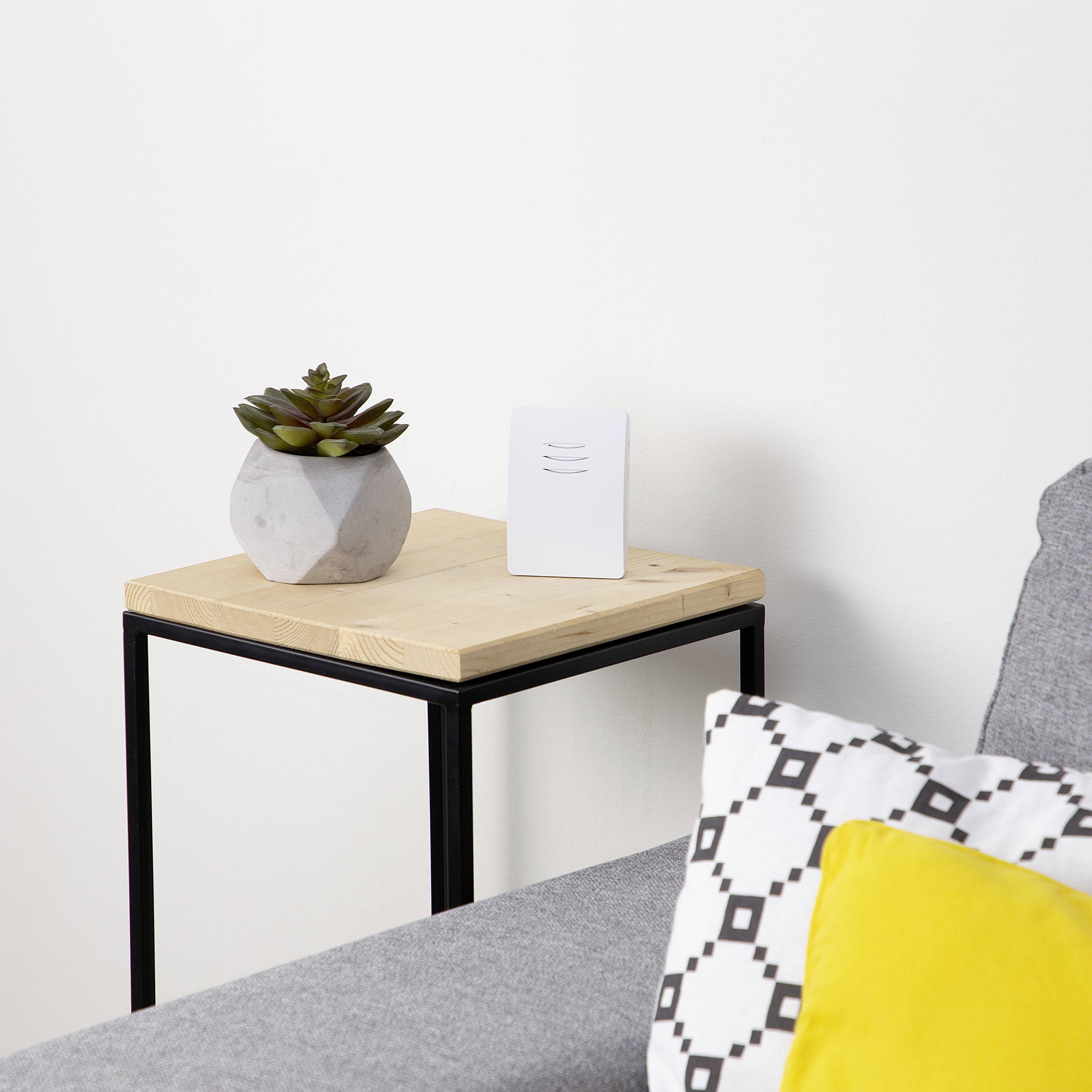 Ein kleiner Beistelltisch aus Holz mit einer Sukkulentenpflanze und einem weißen Gerät steht neben einem grauen Sofa mit buntem Kissen.