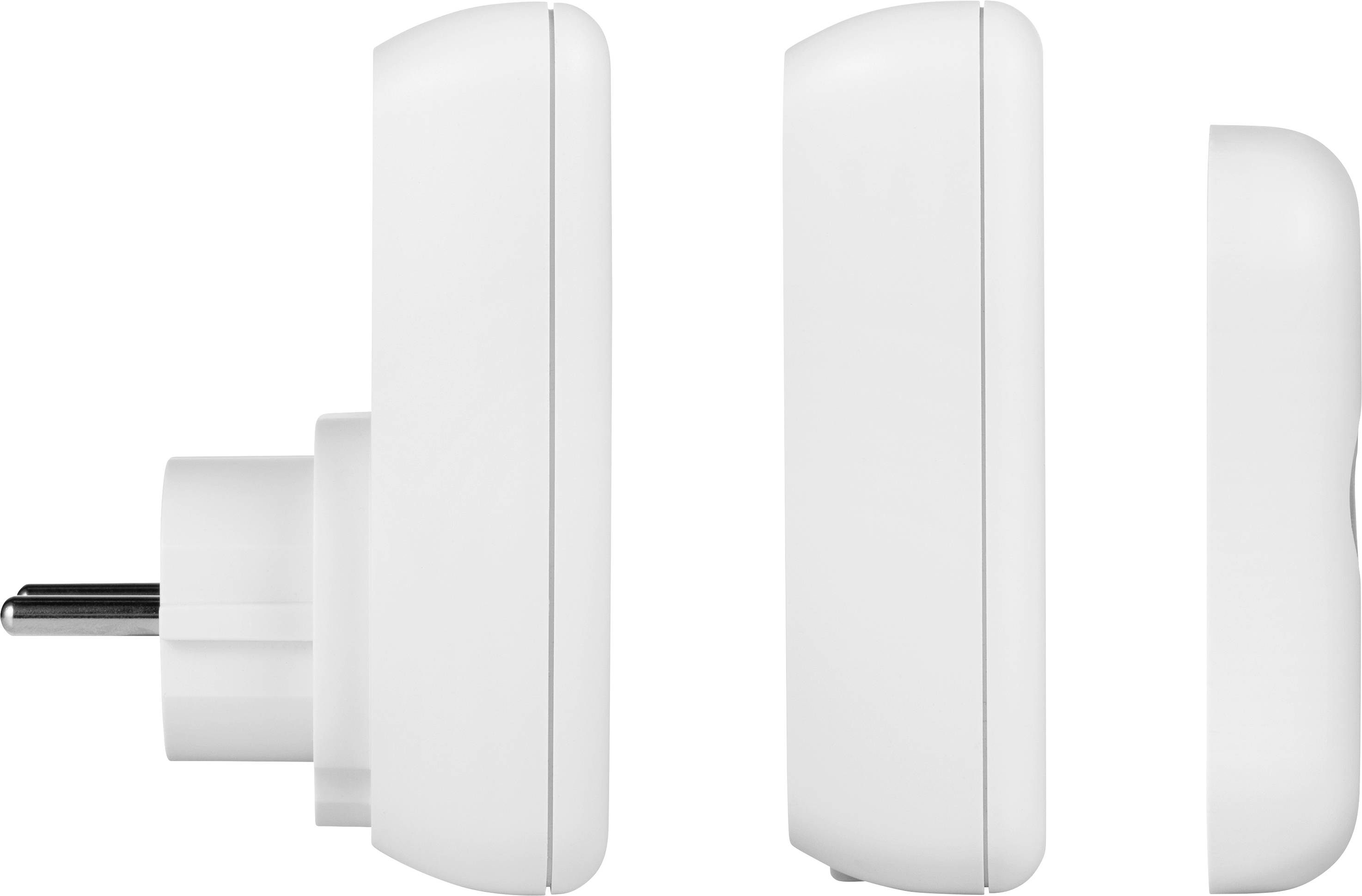 Zwei weiße Steckdosenadapter, gezeigt aus verschiedenen Winkeln. Links ist die Vorderseite mit Stecker, rechts die Rückseite.