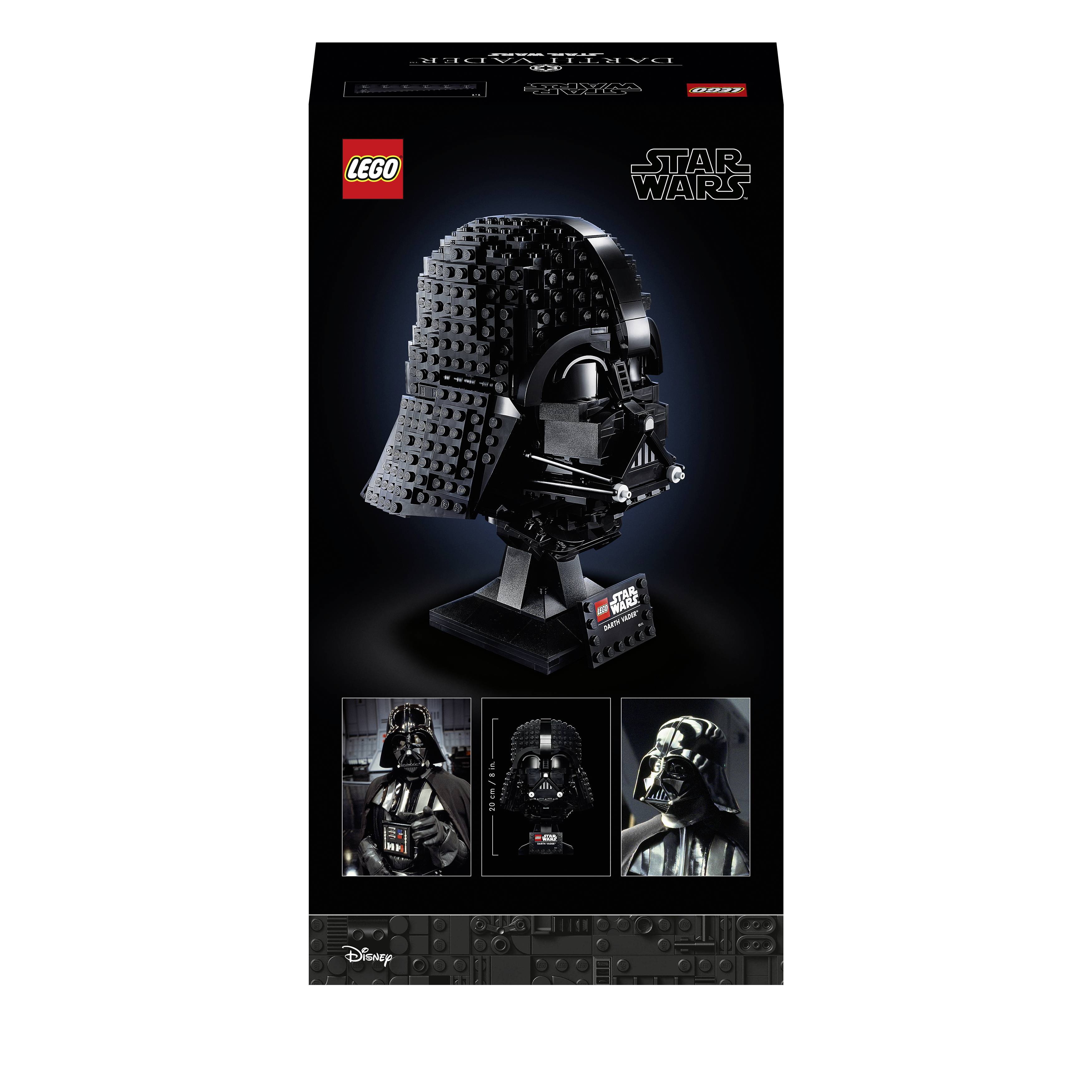 Lego-Set-Verpackung zeigt "Star Wars"-Darth-Vader-Helm aus Bausteinen. Unter dem Logo ist der fertige Helm abgebildet.