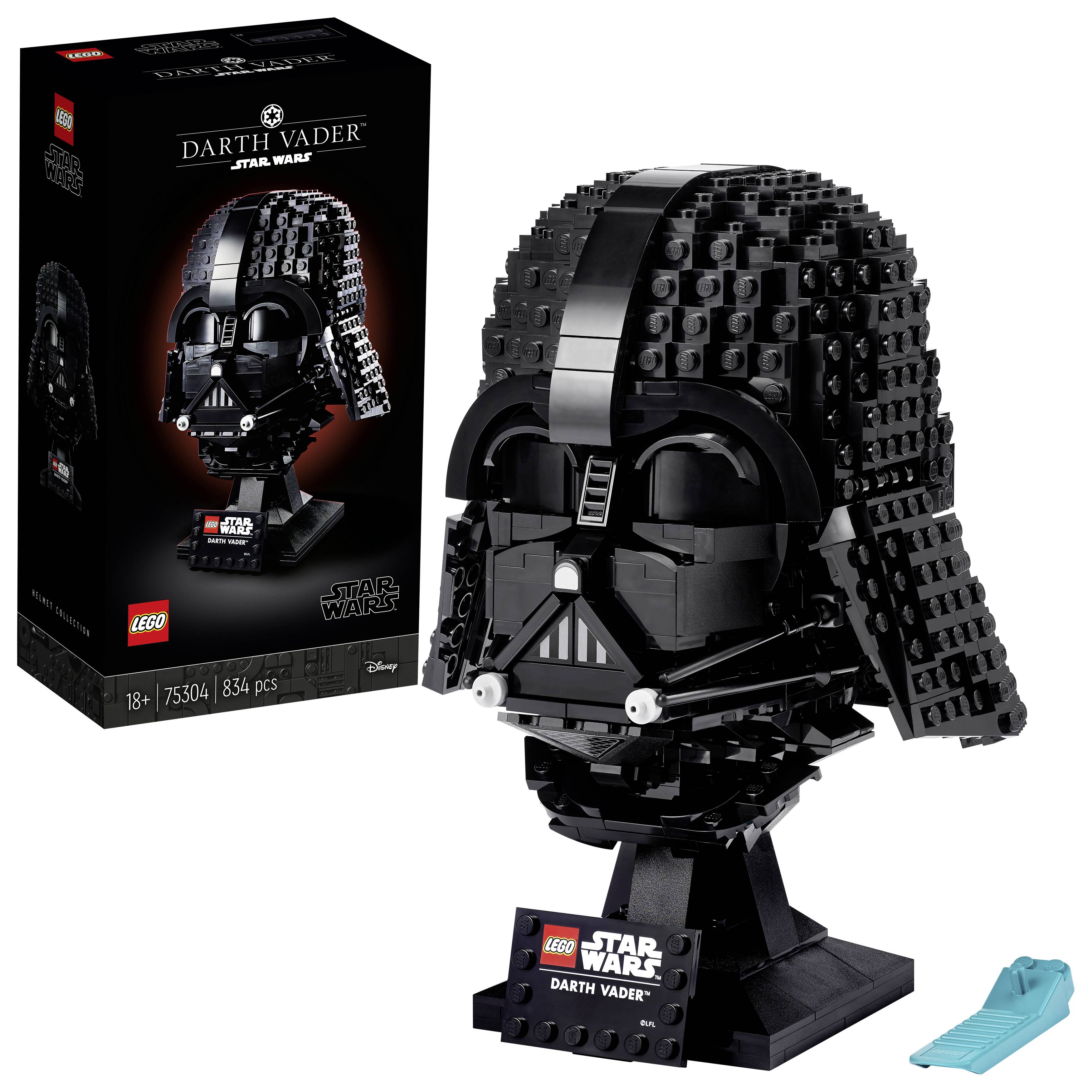 LEGO Darth Vader Helm Displayset mit 834 Teilen und Verpackung. Geeignet ab 18 Jahren. Enthält Bauanleitung und Ziegeltrenner.